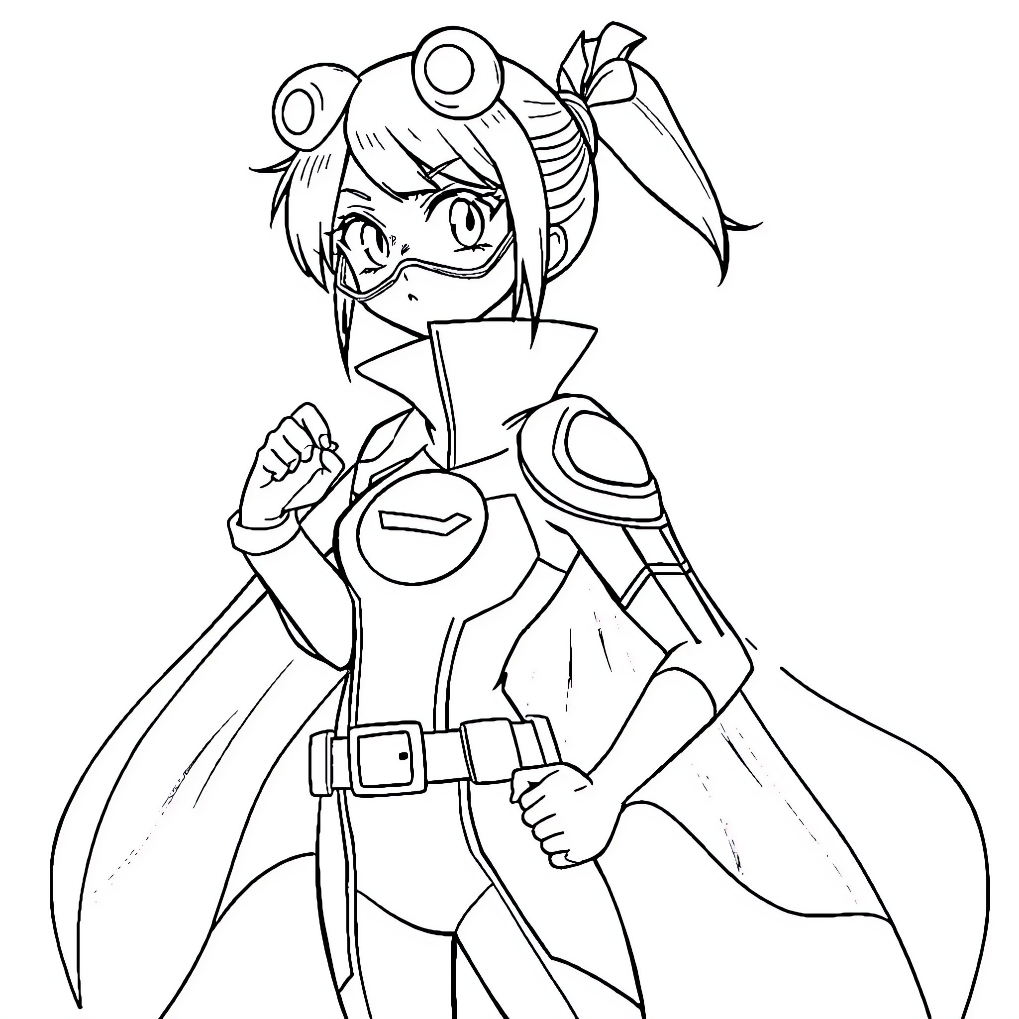Tsuyu Asui in Heroic Pose Coloring Page (free black-and-white line drawing printable PDF for all, from beginners to advanced learners, including children, teens, adults, and seniors)