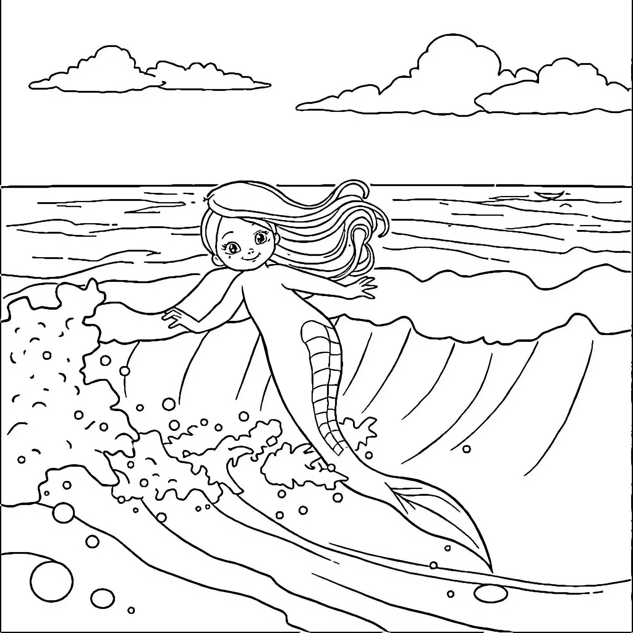 Mermaid exploring the underwater world Coloring Page (free black-and-white line drawing printable PDF for all, from beginners to advanced learners, including children, teens, adults, and seniors)