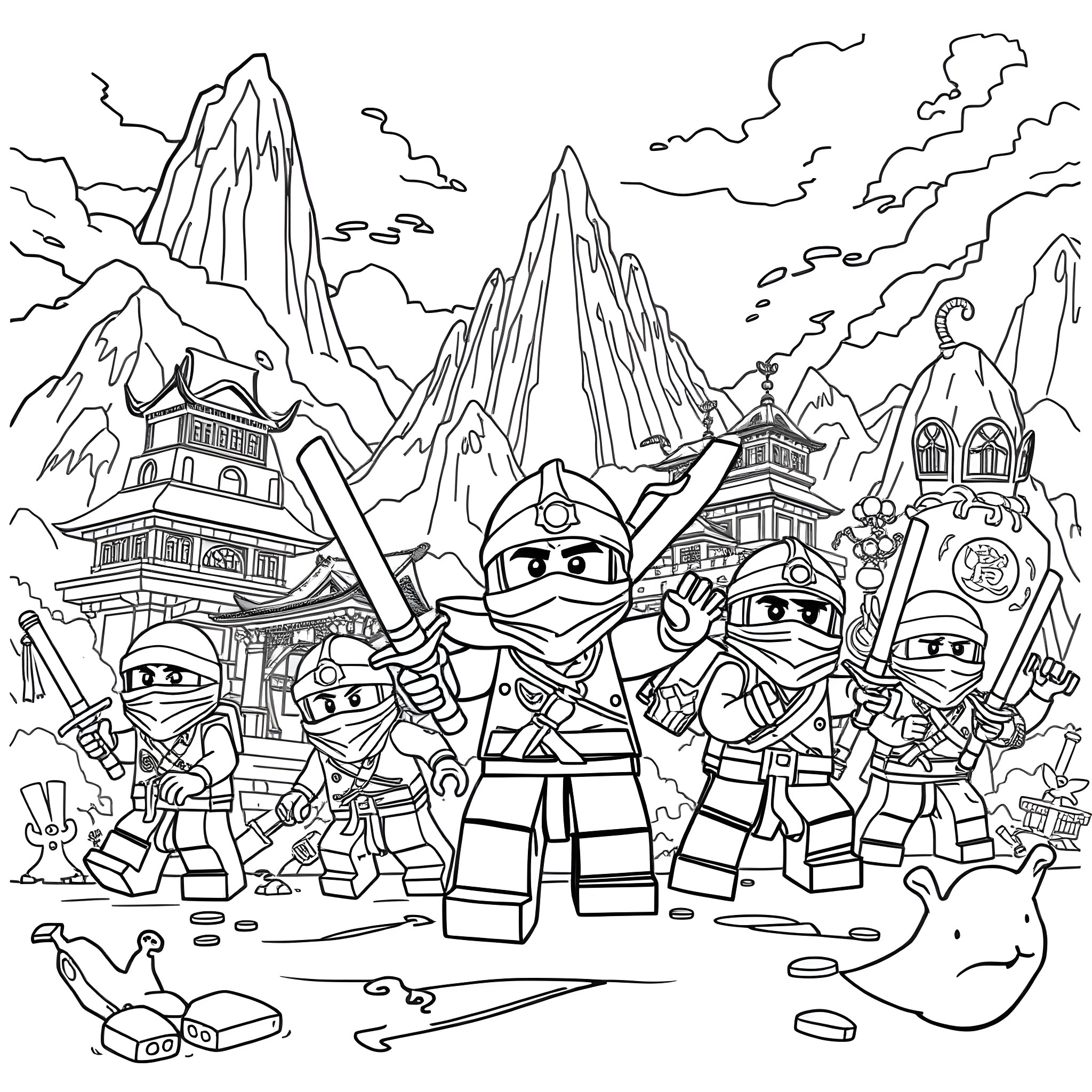 Lego Ninjago ninja warriors in action at the mountain village Coloring Page (free black-and-white line drawing printable PDF for all, from beginners to advanced learners, including children, teens, adults, and seniors)