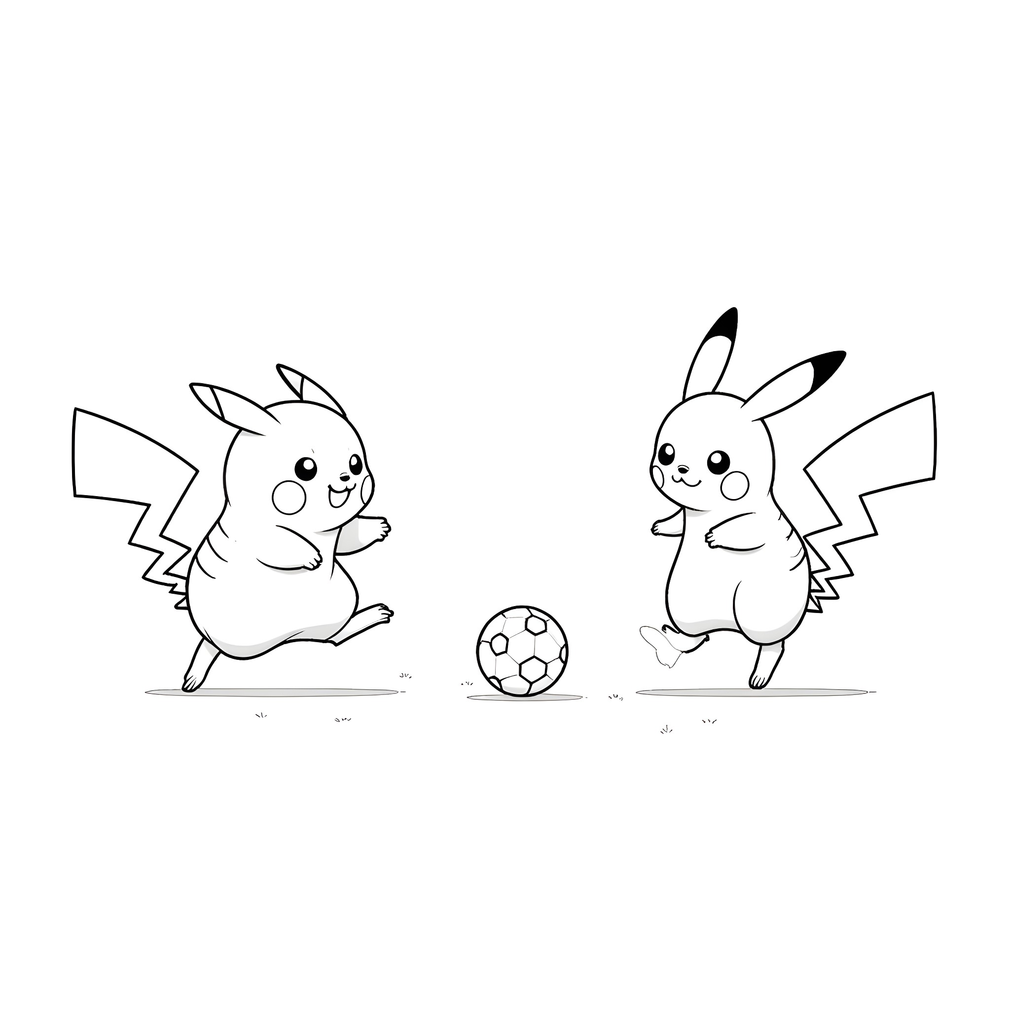 Pikachu playing with ball, chasing each other Coloring Page (free black-and-white line drawing printable PDF for all, from beginners to advanced learners, including children, teens, adults, and seniors)