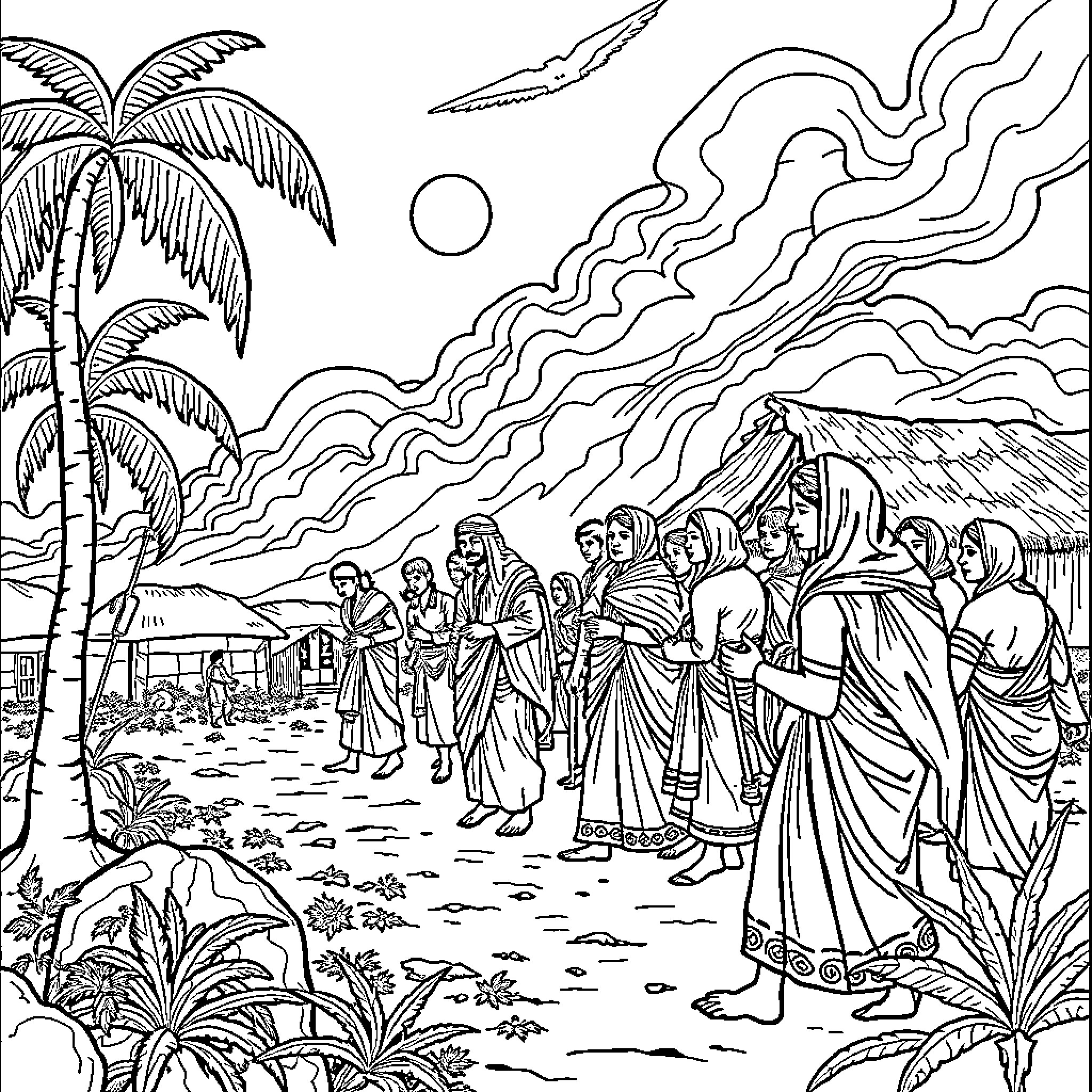 Indian gathering of people in traditional attire amid nature Coloring Page (free black-and-white line drawing printable PDF for all, from beginners to advanced learners, including children, teens, adults, and seniors)