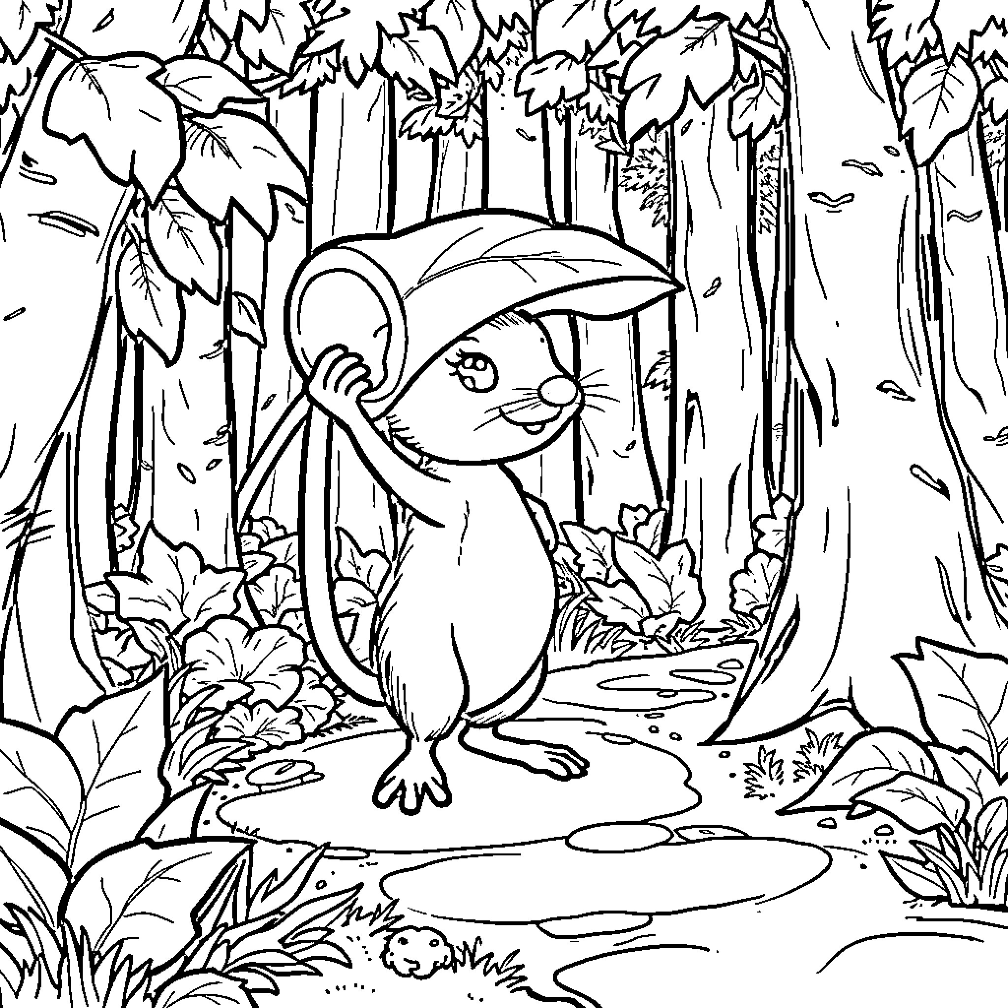 Mouse exploring the enchanting forest Coloring Page (free black-and-white line drawing printable PDF for all, from beginners to advanced learners, including children, teens, adults, and seniors)