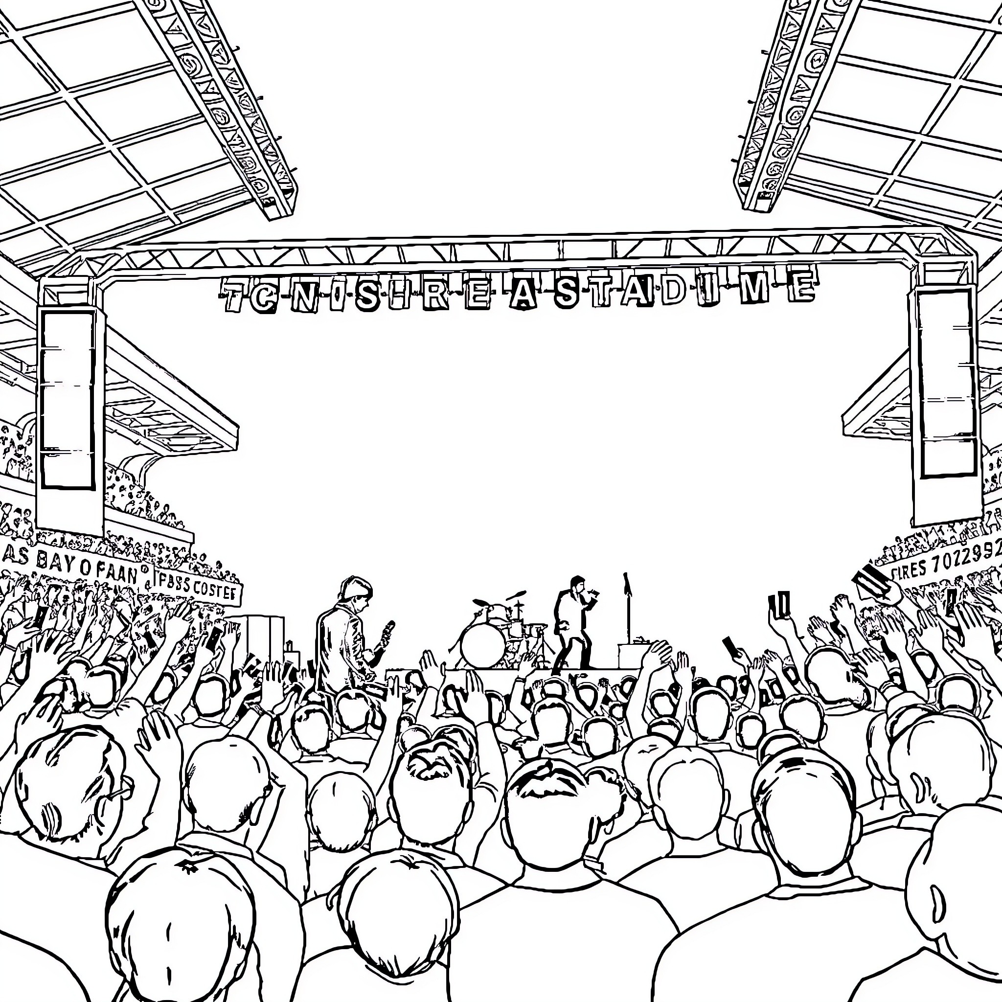The Beatles performing before a lively crowd at a stadium Coloring Page (free black-and-white line drawing printable PDF for all, from beginners to advanced learners, including children, teens, adults, and seniors)