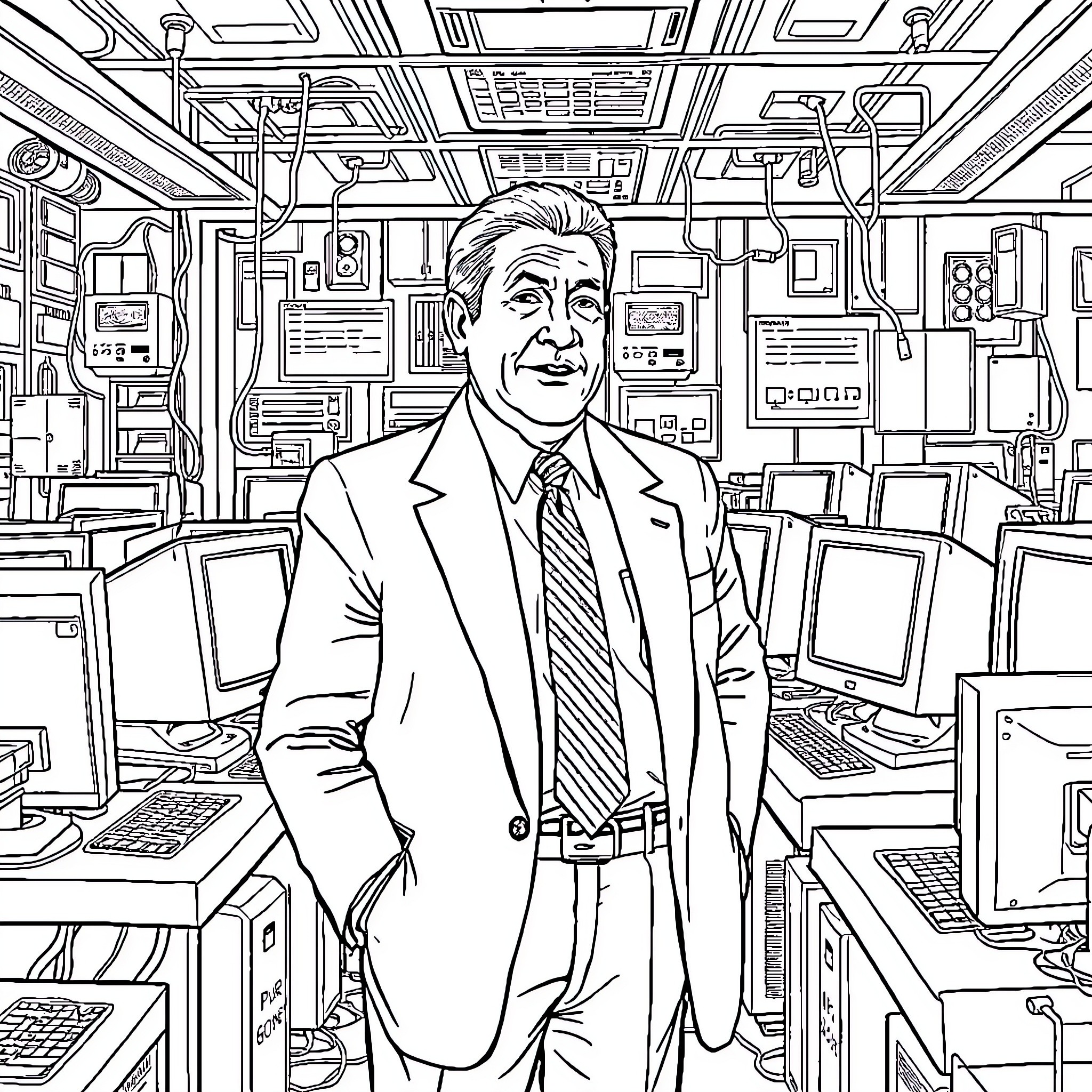 Al Gore in a High-Tech Computer Lab Coloring Page (free black-and-white line drawing printable PDF for all, from beginners to advanced learners, including children, teens, adults, and seniors)