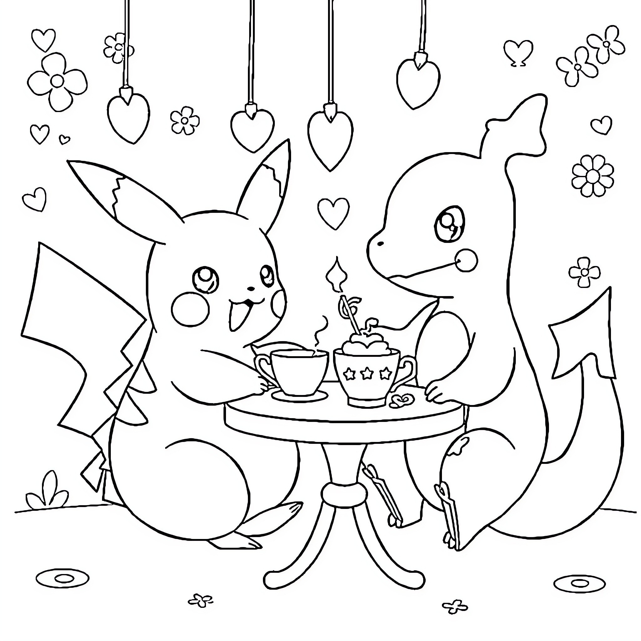 Pikachu and Whimsicott enjoying tea and treats Coloring Page (free black-and-white line drawing printable PDF for all, from beginners to advanced learners, including children, teens, adults, and seniors)