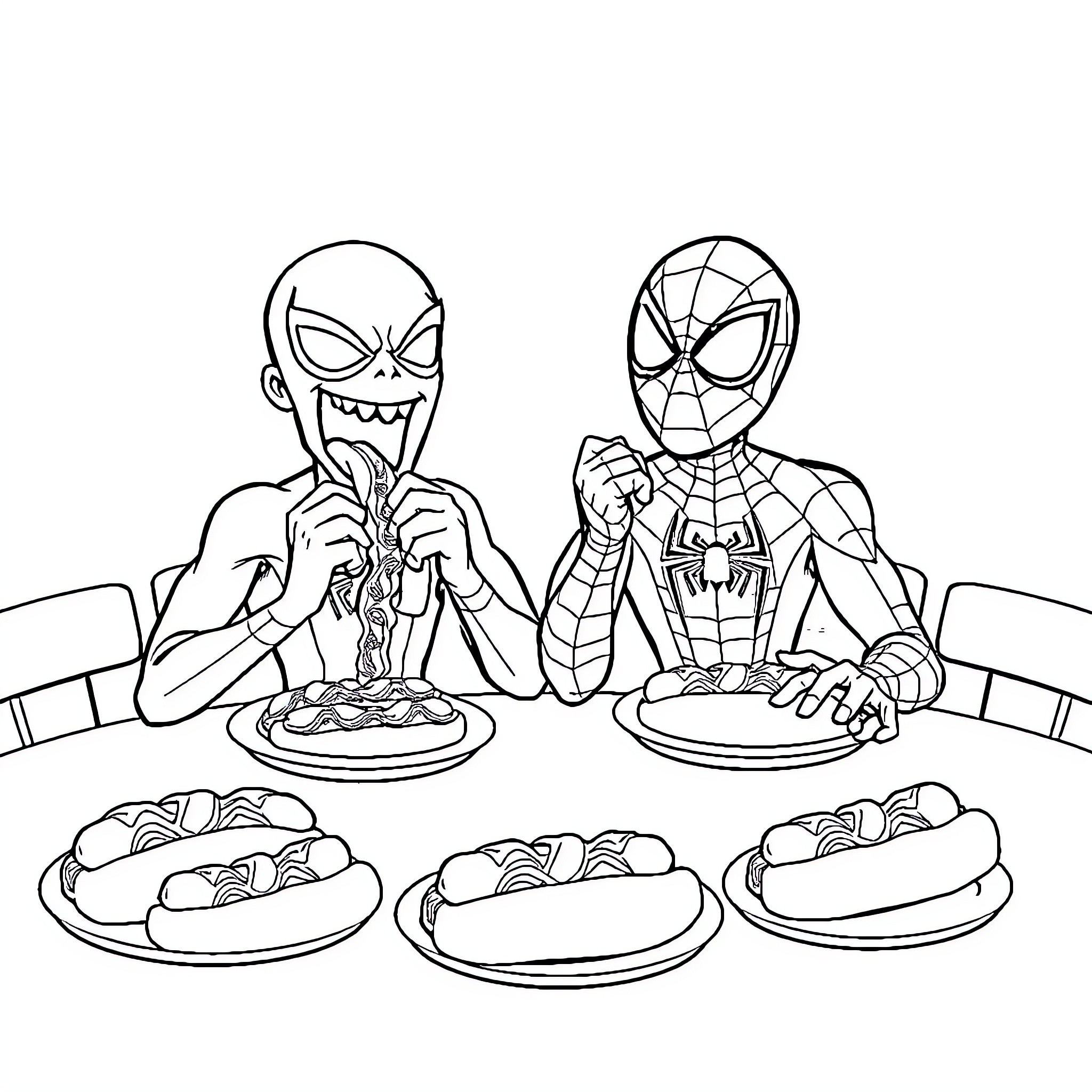 Bluey and Spiderman Enjoying Hot Dogs Together Coloring Page (free black-and-white line drawing printable PDF for all, from beginners to advanced learners, including children, teens, adults, and seniors)