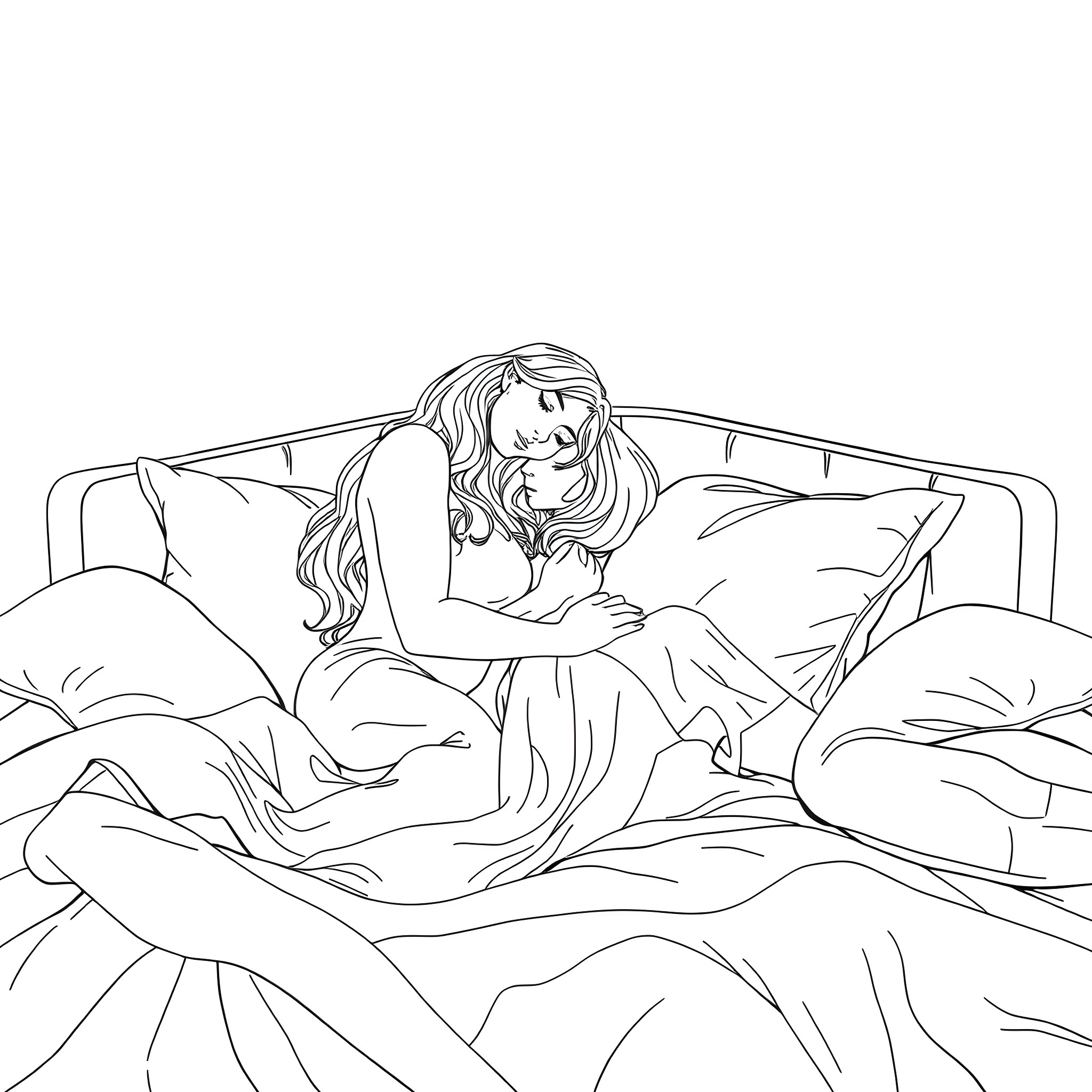 Selena Gomez resting comfortably on the bed Coloring Page (free black-and-white line drawing printable PDF for all, from beginners to advanced learners, including children, teens, adults, and seniors)