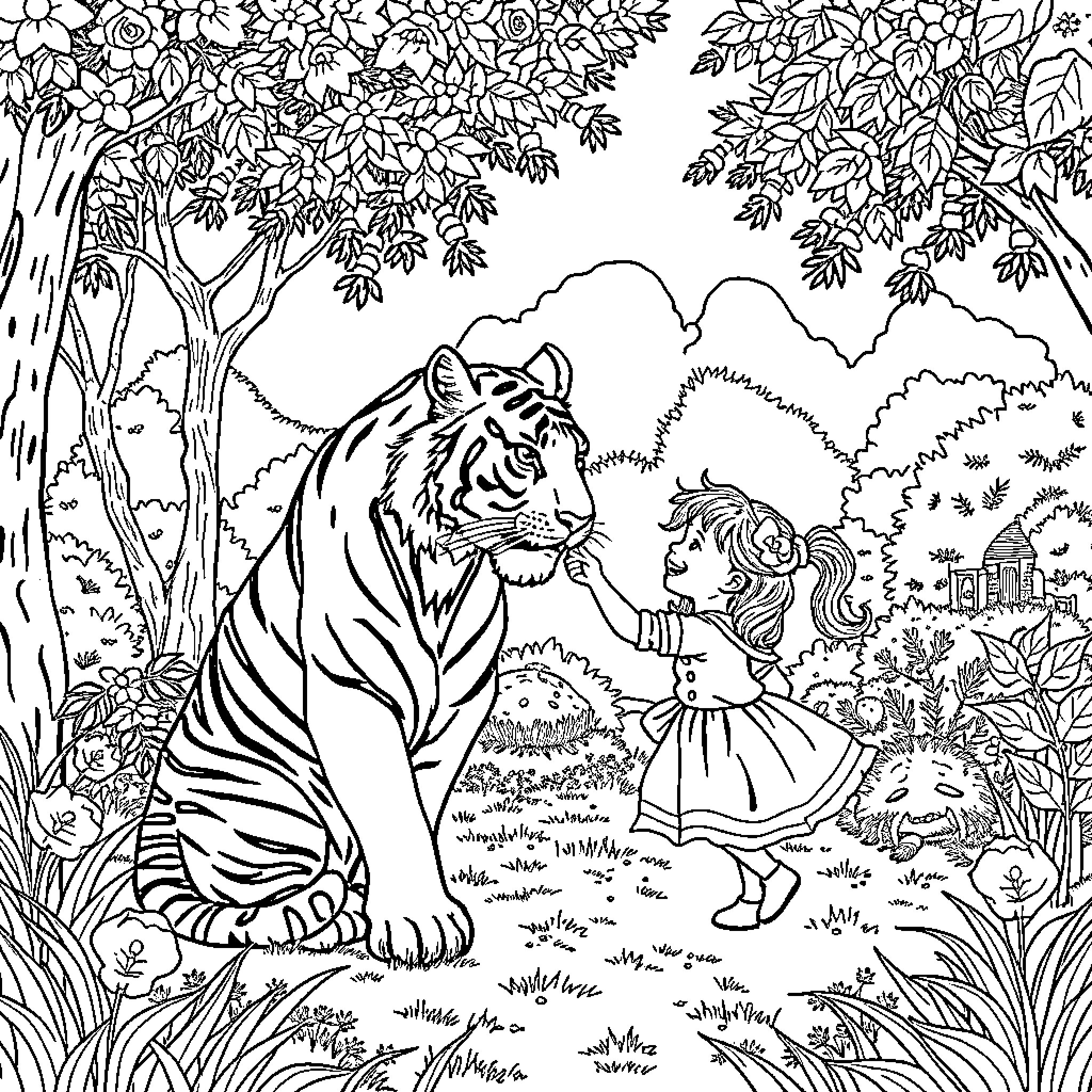 Tiger and a Girl in a Magical Forest Coloring Page (free black-and-white line drawing printable PDF for all, from beginners to advanced learners, including children, teens, adults, and seniors)