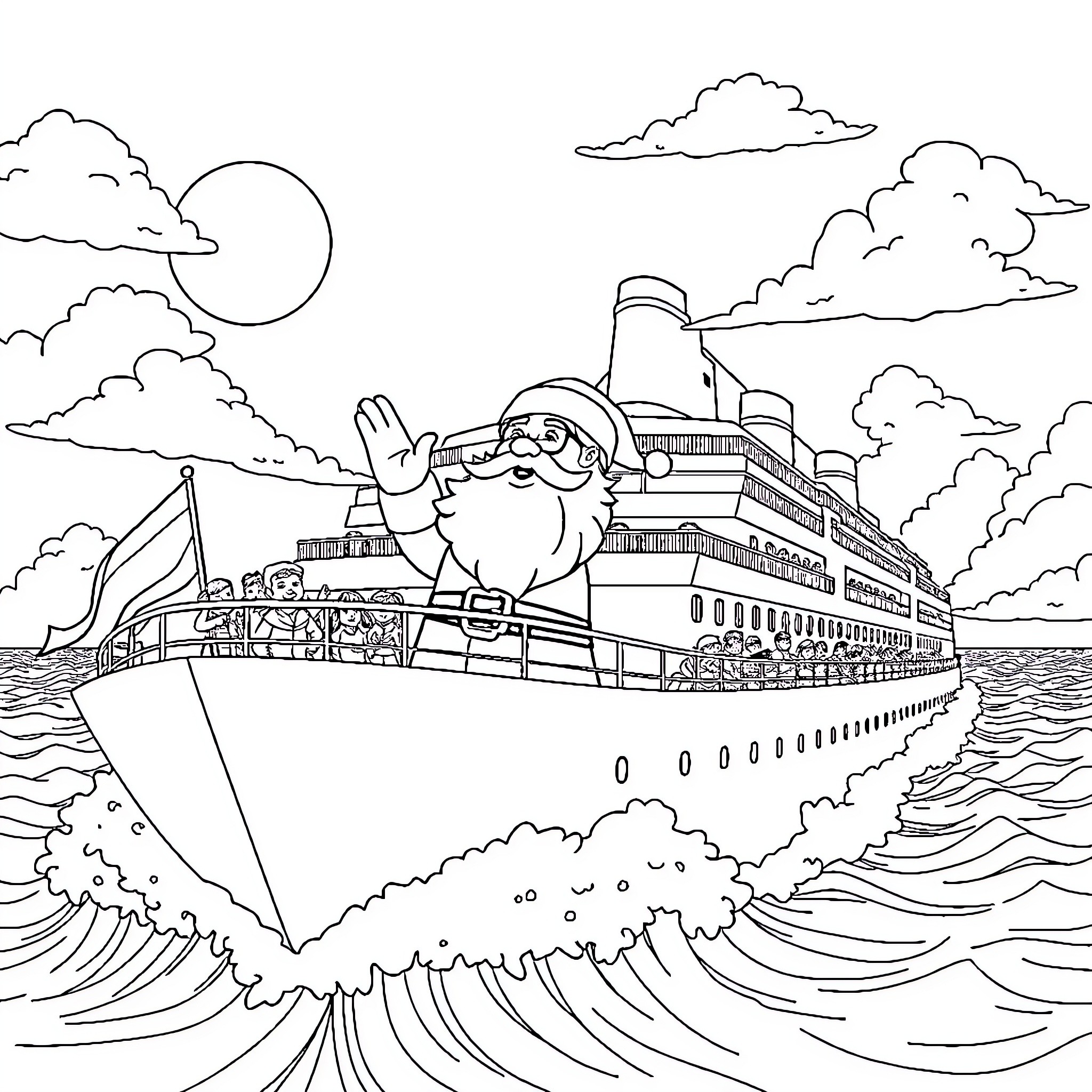 Santa waving atop a cruise ship at sea Coloring Page (free black-and-white line drawing printable PDF for all, from beginners to advanced learners, including children, teens, adults, and seniors)