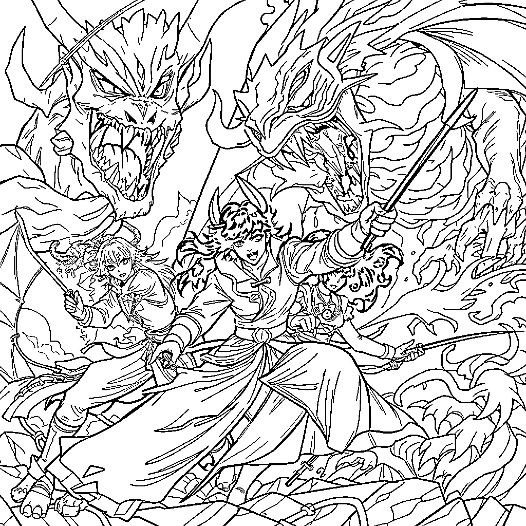 Demon Hunter Battling Fierce Demonic Creatures Coloring Page (free black-and-white line drawing printable PDF for all, from beginners to advanced learners, including children, teens, adults, and seniors)