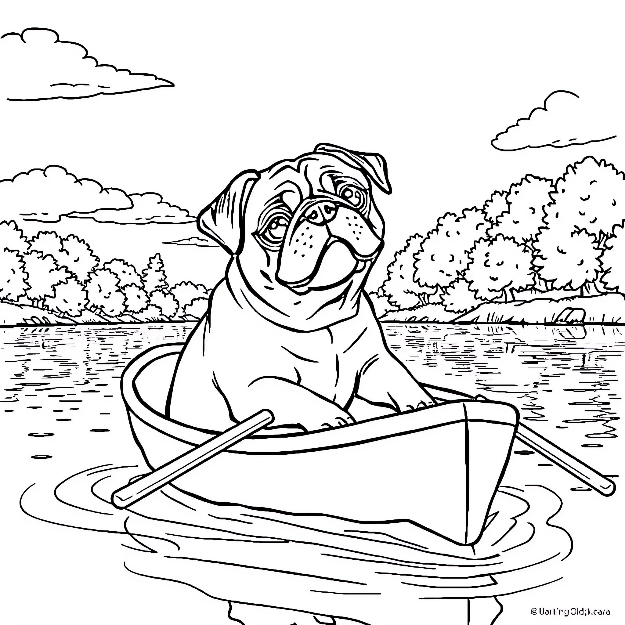 Pug relaxing in a boat on the lake Coloring Page (free black-and-white line drawing printable PDF for all, from beginners to advanced learners, including children, teens, adults, and seniors)