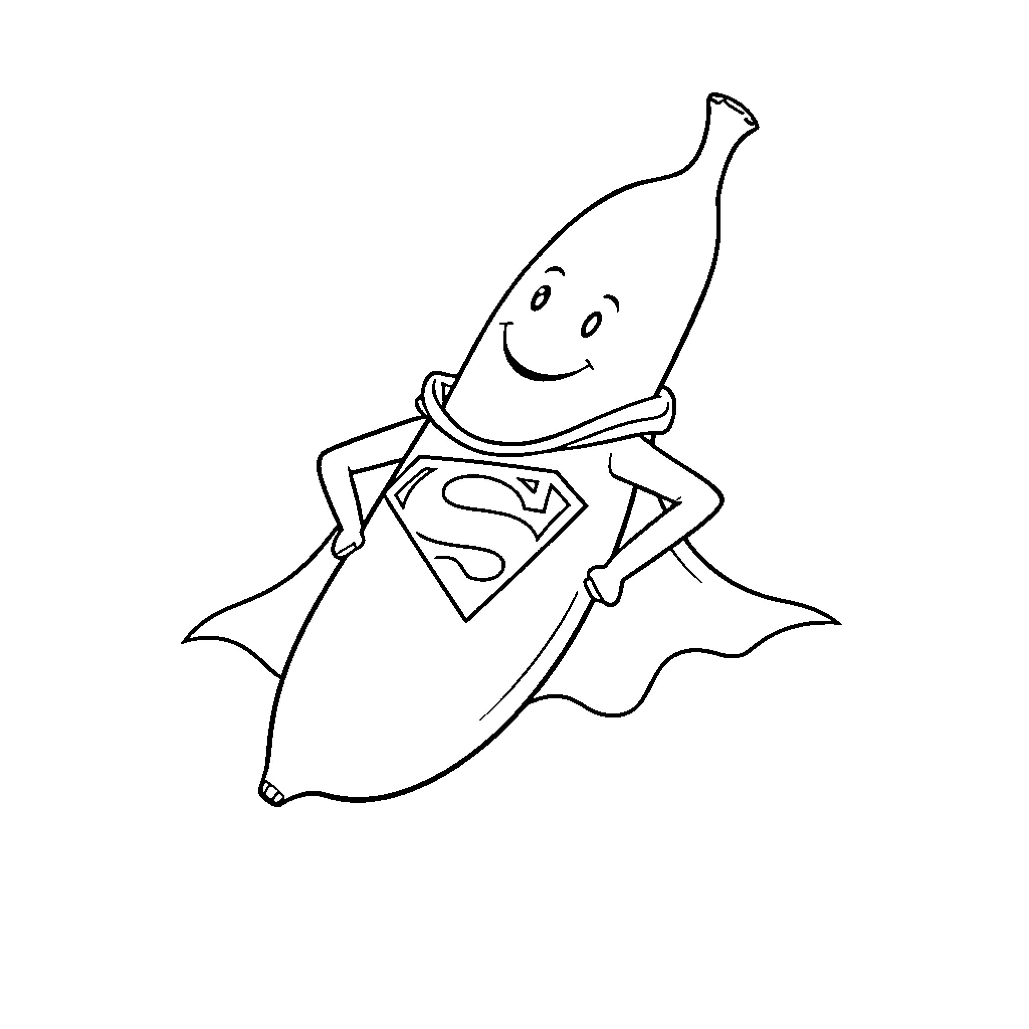Banana as Superman flying heroically Coloring Page (free black-and-white line drawing printable PDF for all, from beginners to advanced learners, including children, teens, adults, and seniors)