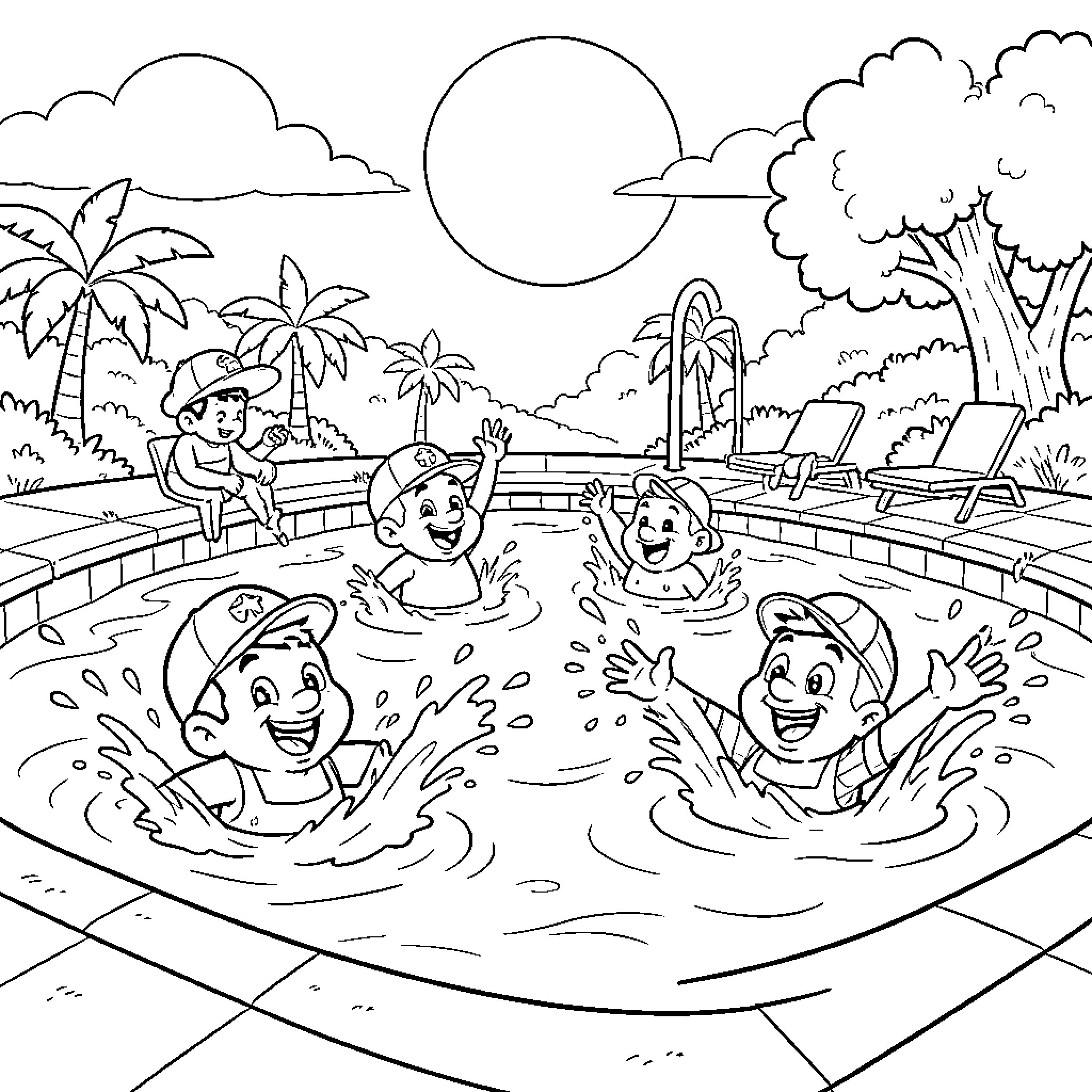 Paw Patrol characters splashing joyfully in a swimming pool Coloring Page (free black-and-white line drawing printable PDF for all, from beginners to advanced learners, including children, teens, adults, and seniors)