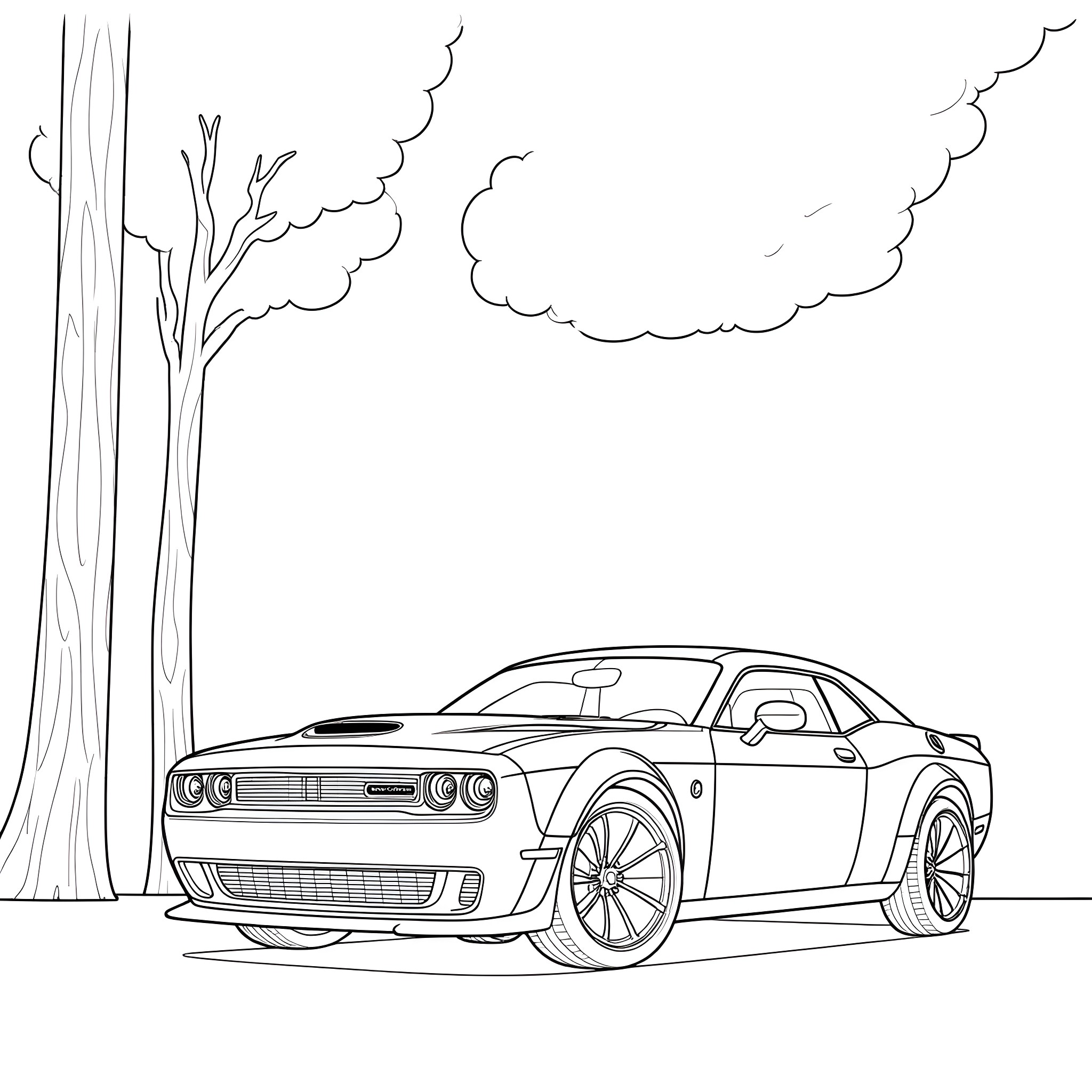 Dodge Challenger speeding down the road Coloring Page (free black-and-white line drawing printable PDF for all, from beginners to advanced learners, including children, teens, adults, and seniors)