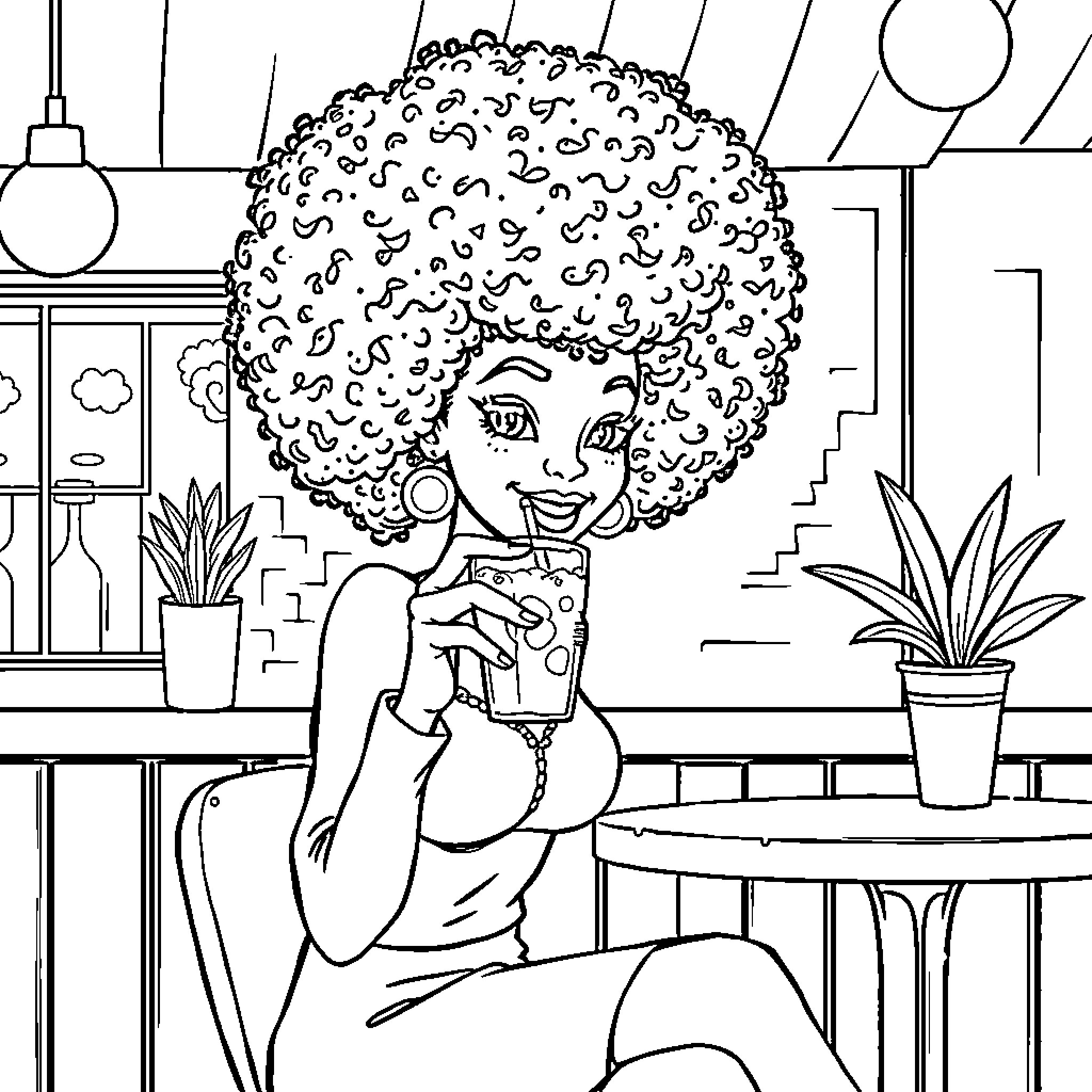 Lady Enjoying a Refreshing Drink in a Cozy Setting Coloring Page (free black-and-white line drawing printable PDF for all, from beginners to advanced learners, including children, teens, adults, and seniors)