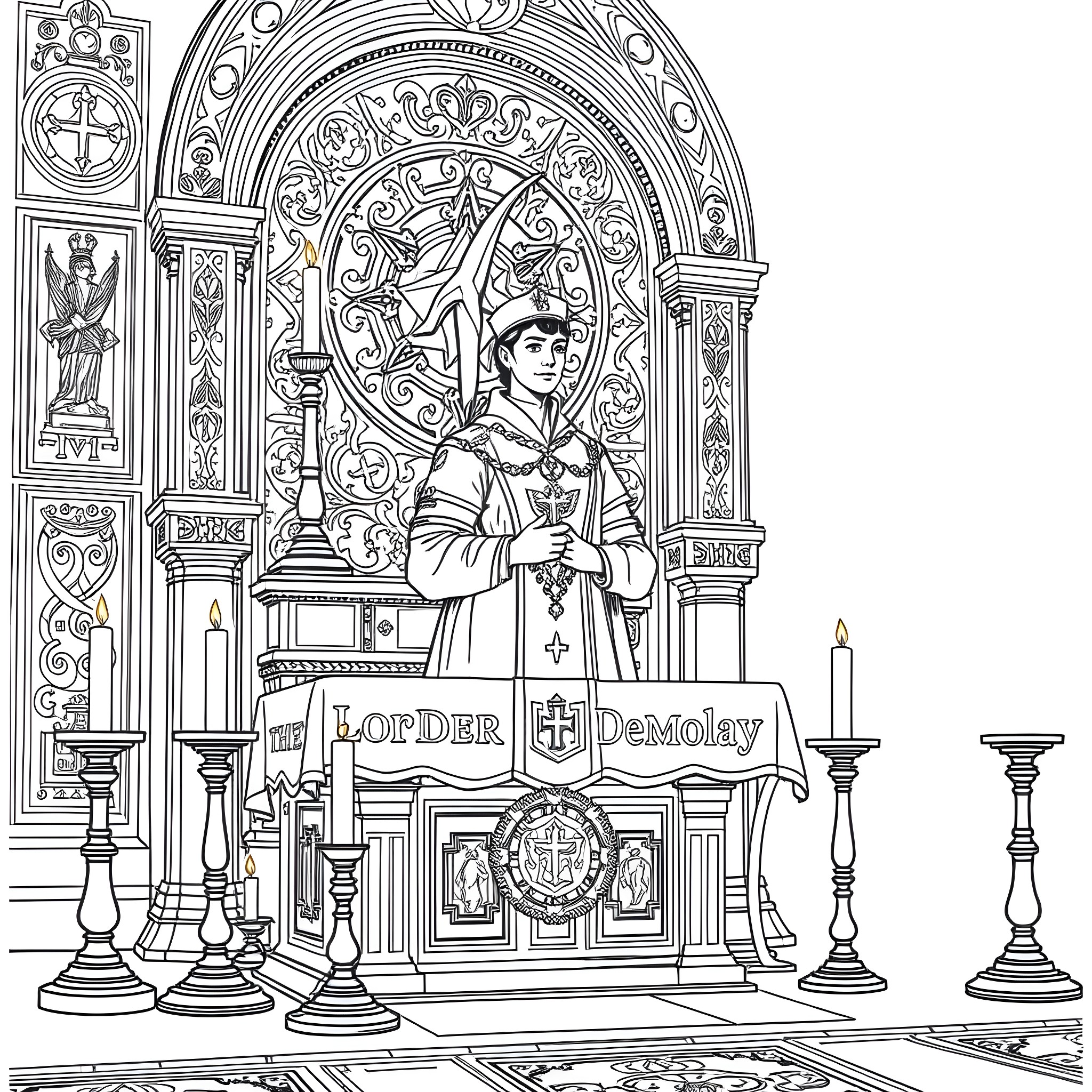 DeMolay Ceremonial Service in Ornate Church Setting Coloring Page (free black-and-white line drawing printable PDF for all, from beginners to advanced learners, including children, teens, adults, and seniors)