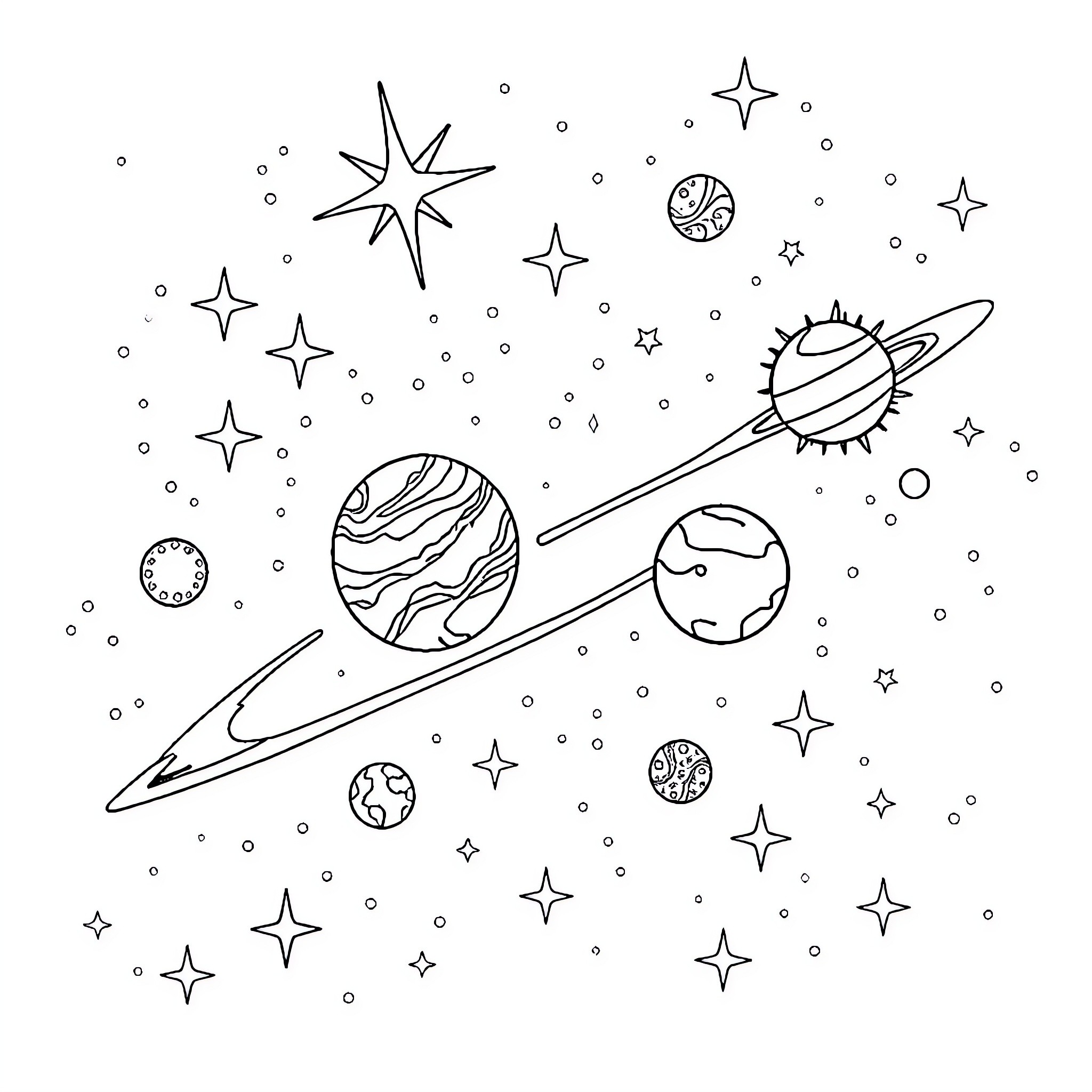 Solar System filled with playful cosmic objects Coloring Page (free black-and-white line drawing printable PDF for all, from beginners to advanced learners, including children, teens, adults, and seniors)
