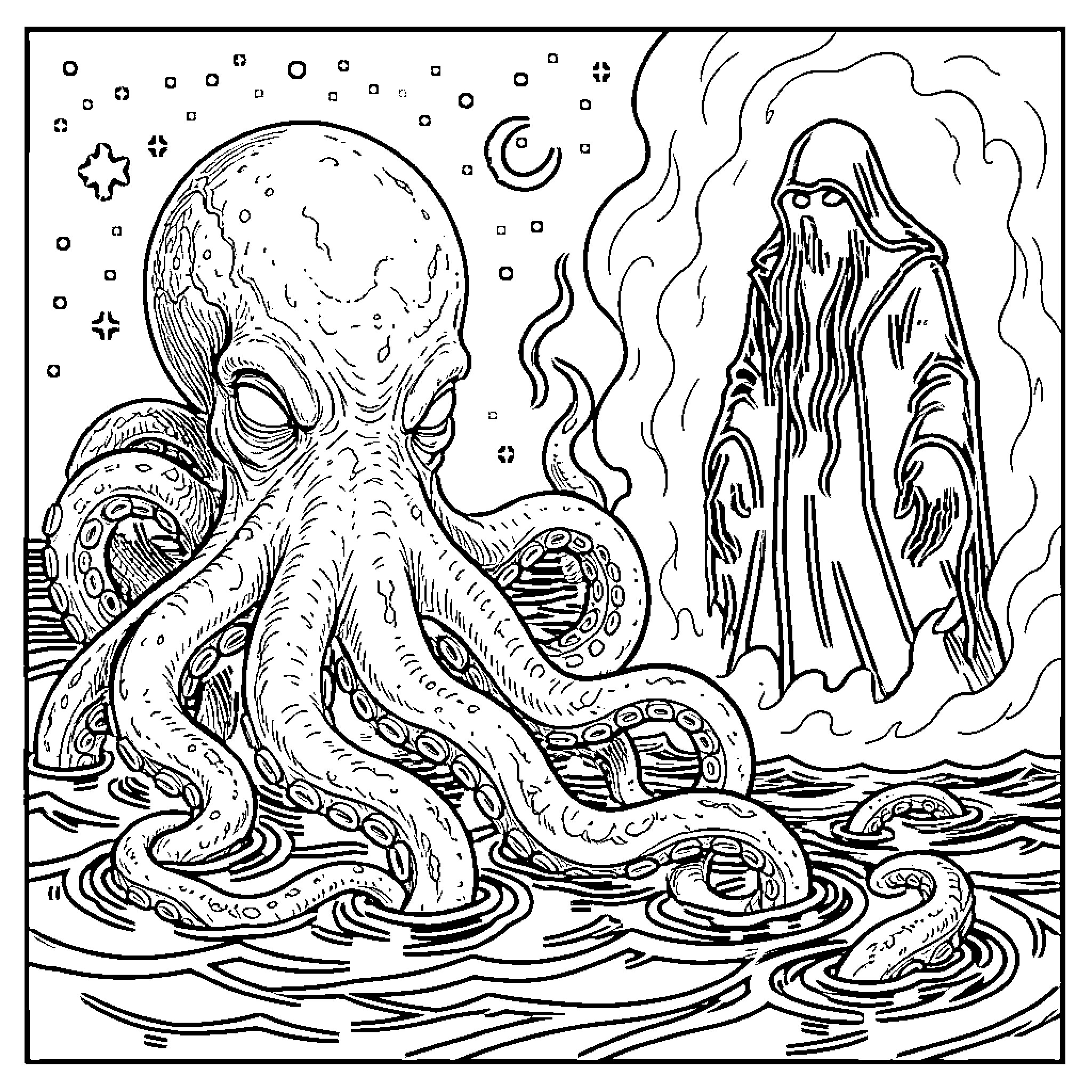 Cthulhu Awakens from the Depths Coloring Page (free black-and-white line drawing printable PDF for all, from beginners to advanced learners, including children, teens, adults, and seniors)