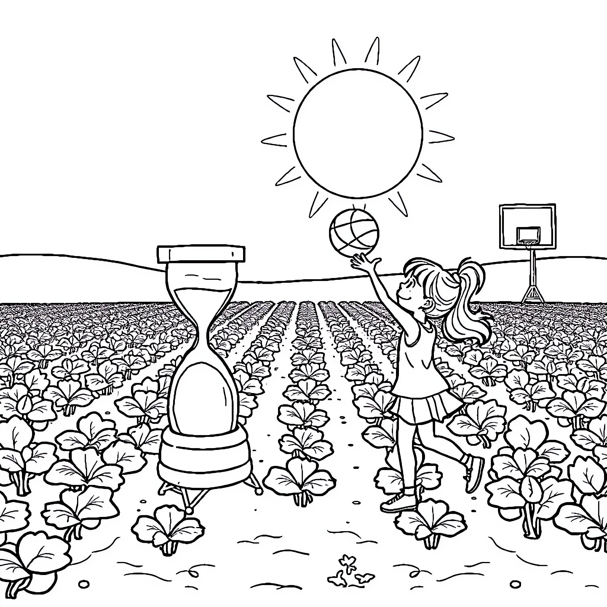 Sun shines on child playing in field Coloring Page (free black-and-white line drawing printable PDF for all, from beginners to advanced learners, including children, teens, adults, and seniors)