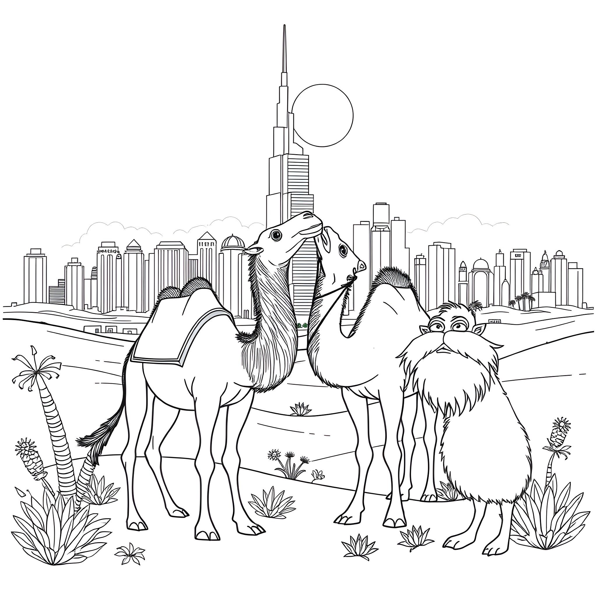 Camels trekking in the desert city Coloring Page (free black-and-white line drawing printable PDF for all, from beginners to advanced learners, including children, teens, adults, and seniors)