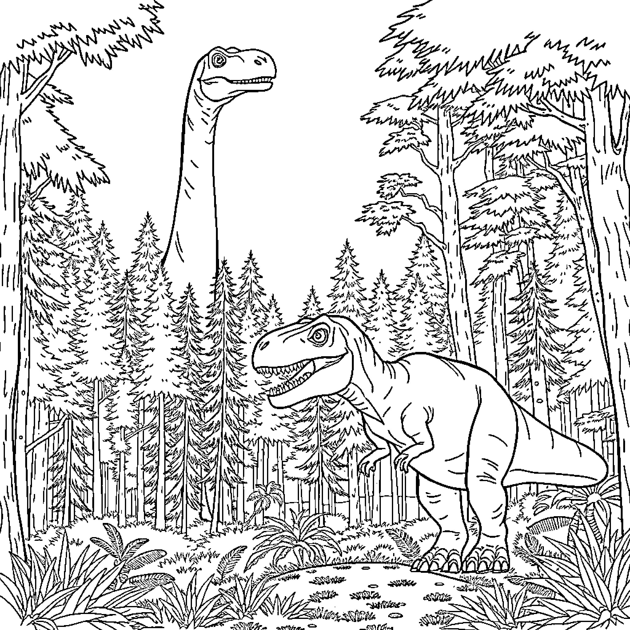 Dinosaurs roaming through the prehistoric forest Coloring Page (free black-and-white line drawing printable PDF for all, from beginners to advanced learners, including children, teens, adults, and seniors)