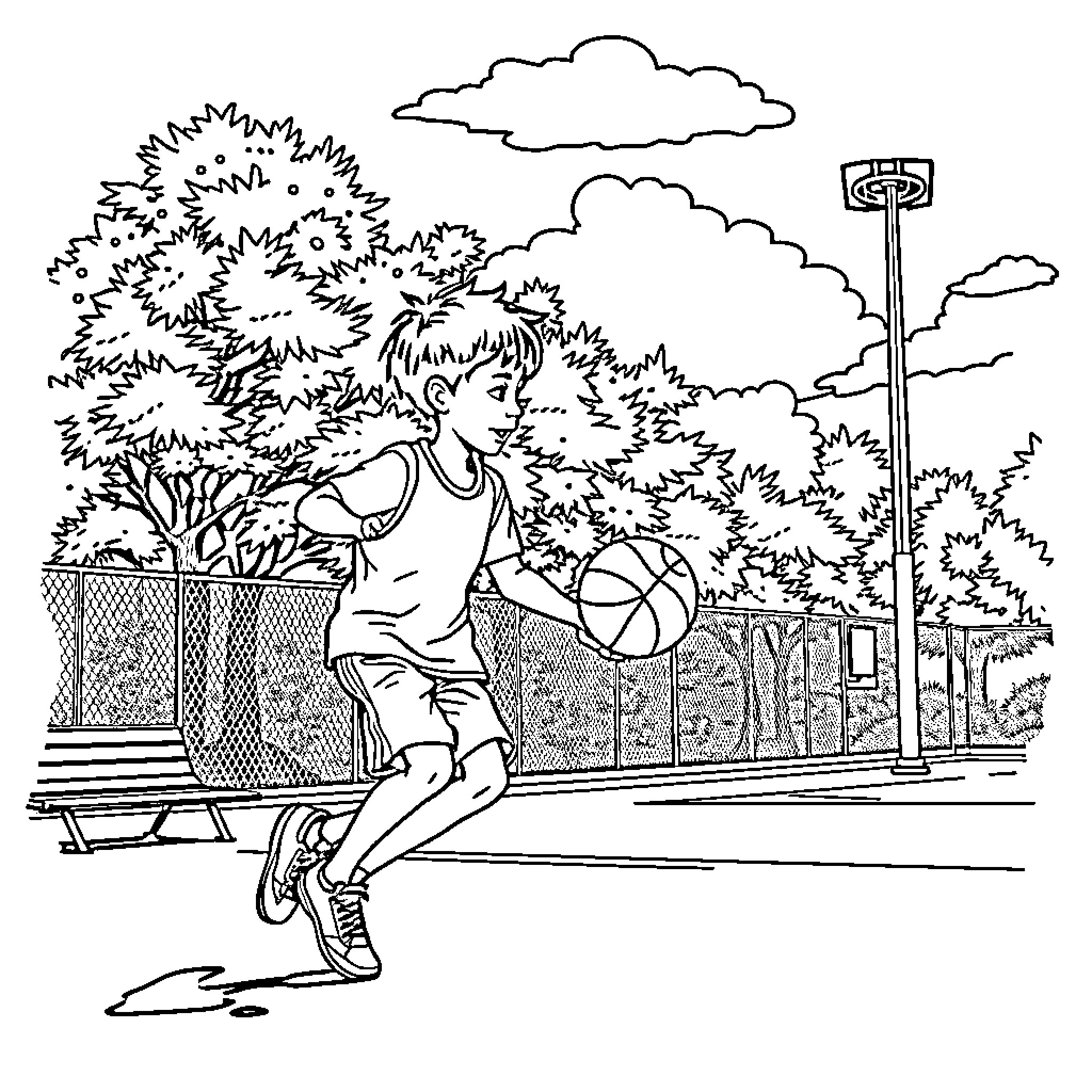 Boy playing basketball outdoors on a sunny day Coloring Page (free black-and-white line drawing printable PDF for all, from beginners to advanced learners, including children, teens, adults, and seniors)