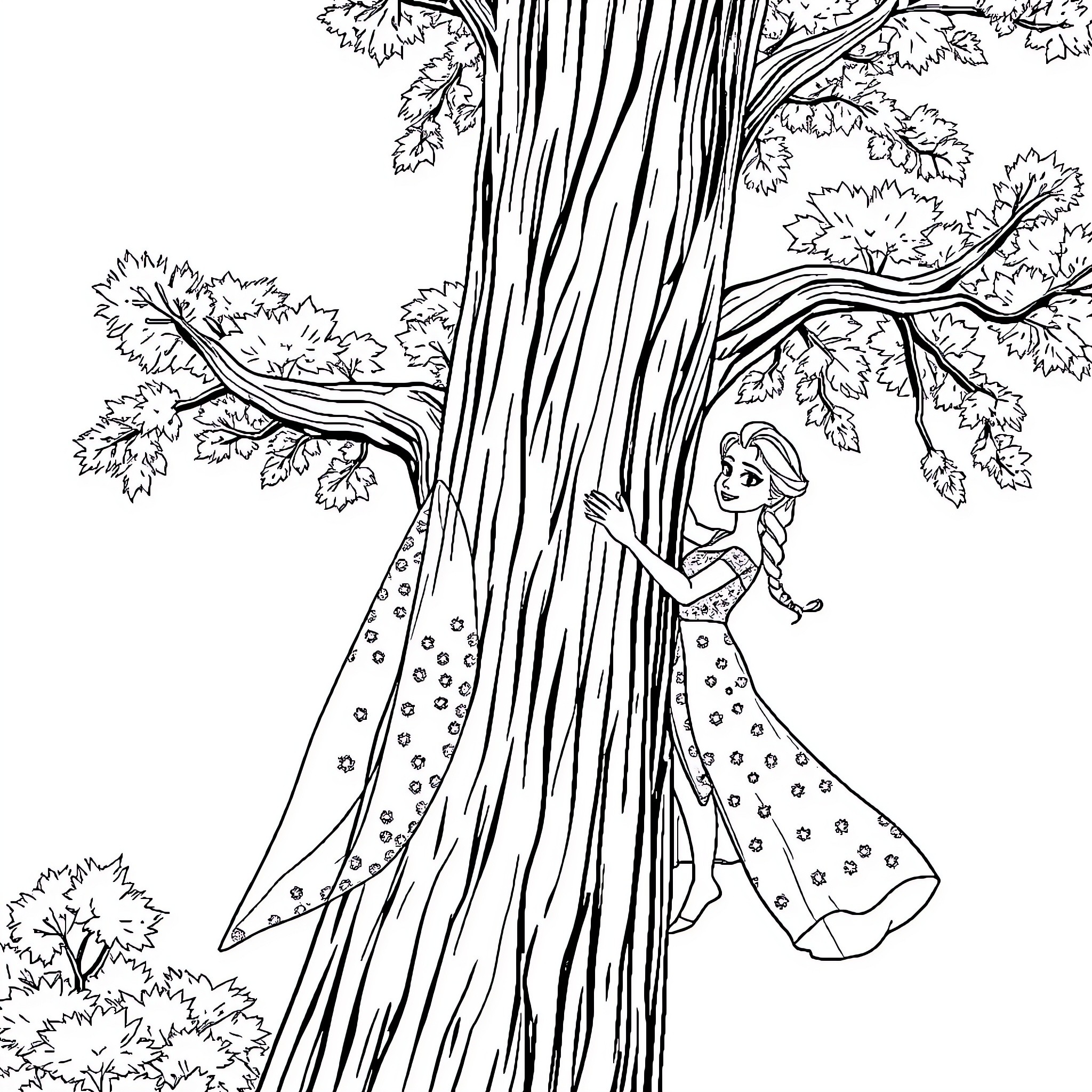 Elsa climbing up a tree in the forest Coloring Page (free black-and-white line drawing printable PDF for all, from beginners to advanced learners, including children, teens, adults, and seniors)