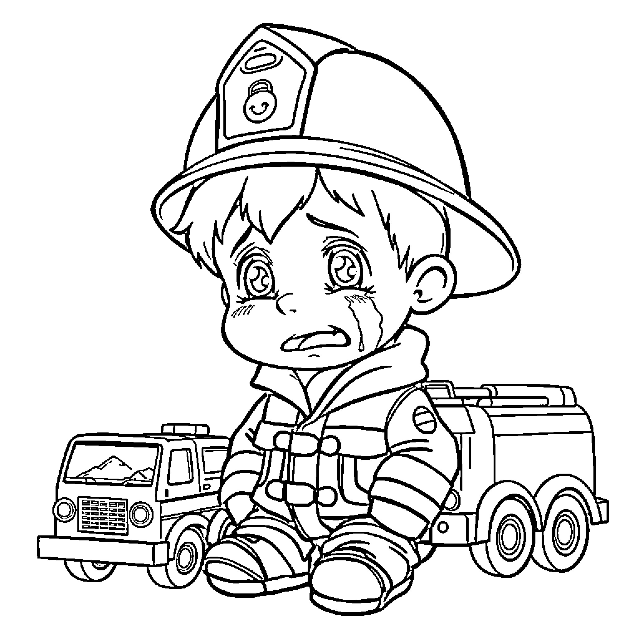 Boy Firefighter Playing with Toy Truck Coloring Page (free black-and-white line drawing printable PDF for all, from beginners to advanced learners, including children, teens, adults, and seniors)