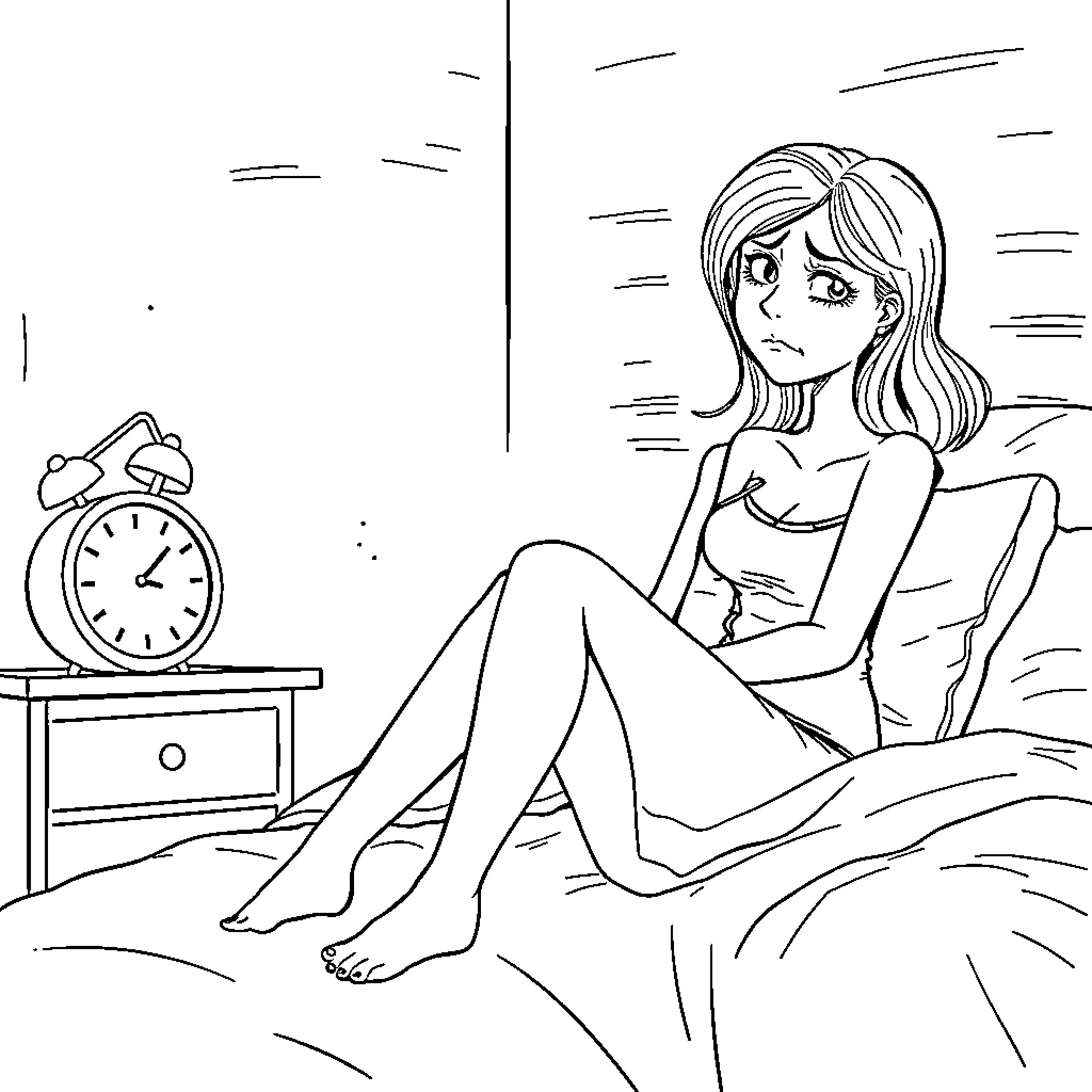 Wife sitting on bed, contemplating the time Coloring Page (free black-and-white line drawing printable PDF for all, from beginners to advanced learners, including children, teens, adults, and seniors)