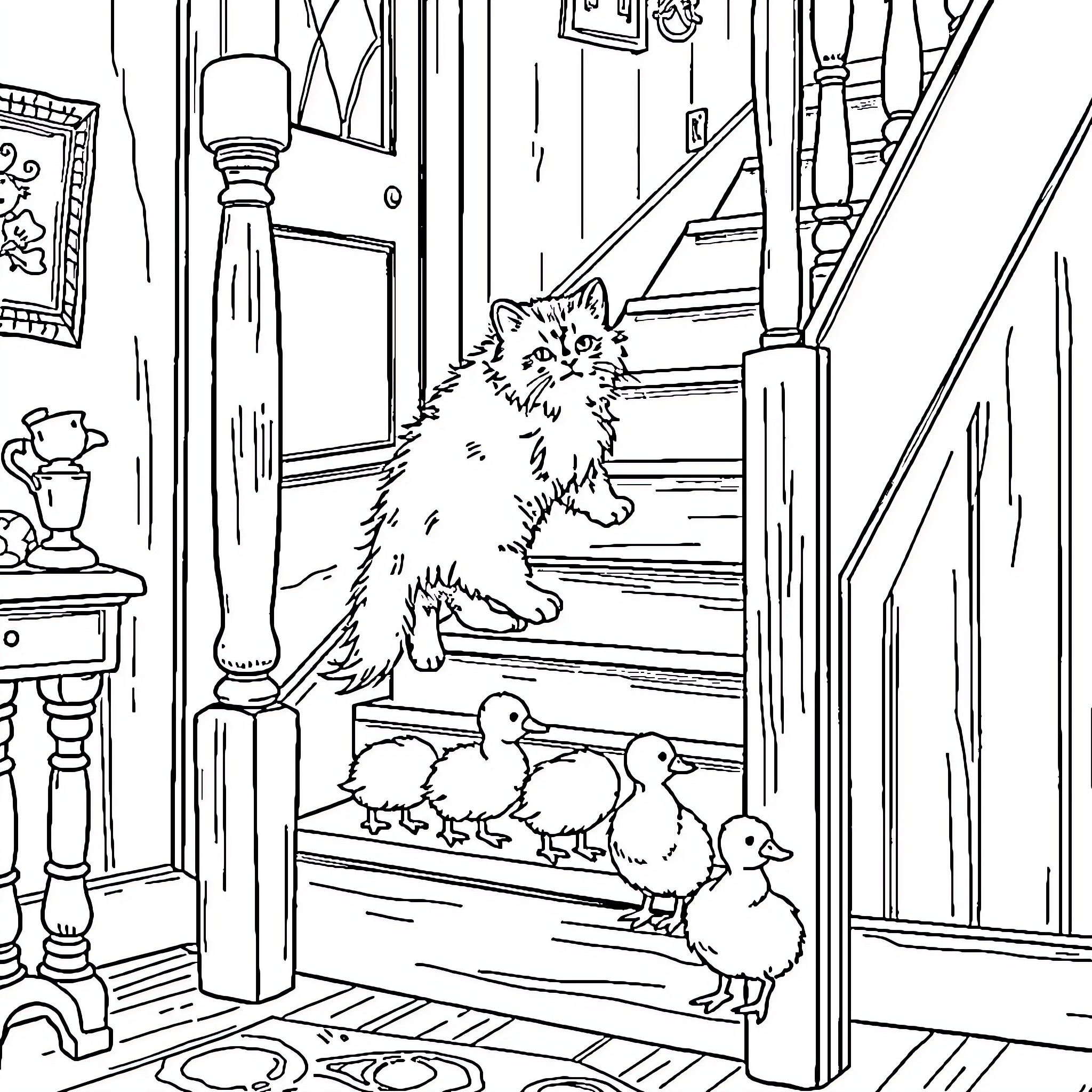 Cat observing ducklings on the stairs Coloring Page (free black-and-white line drawing printable PDF for all, from beginners to advanced learners, including children, teens, adults, and seniors)