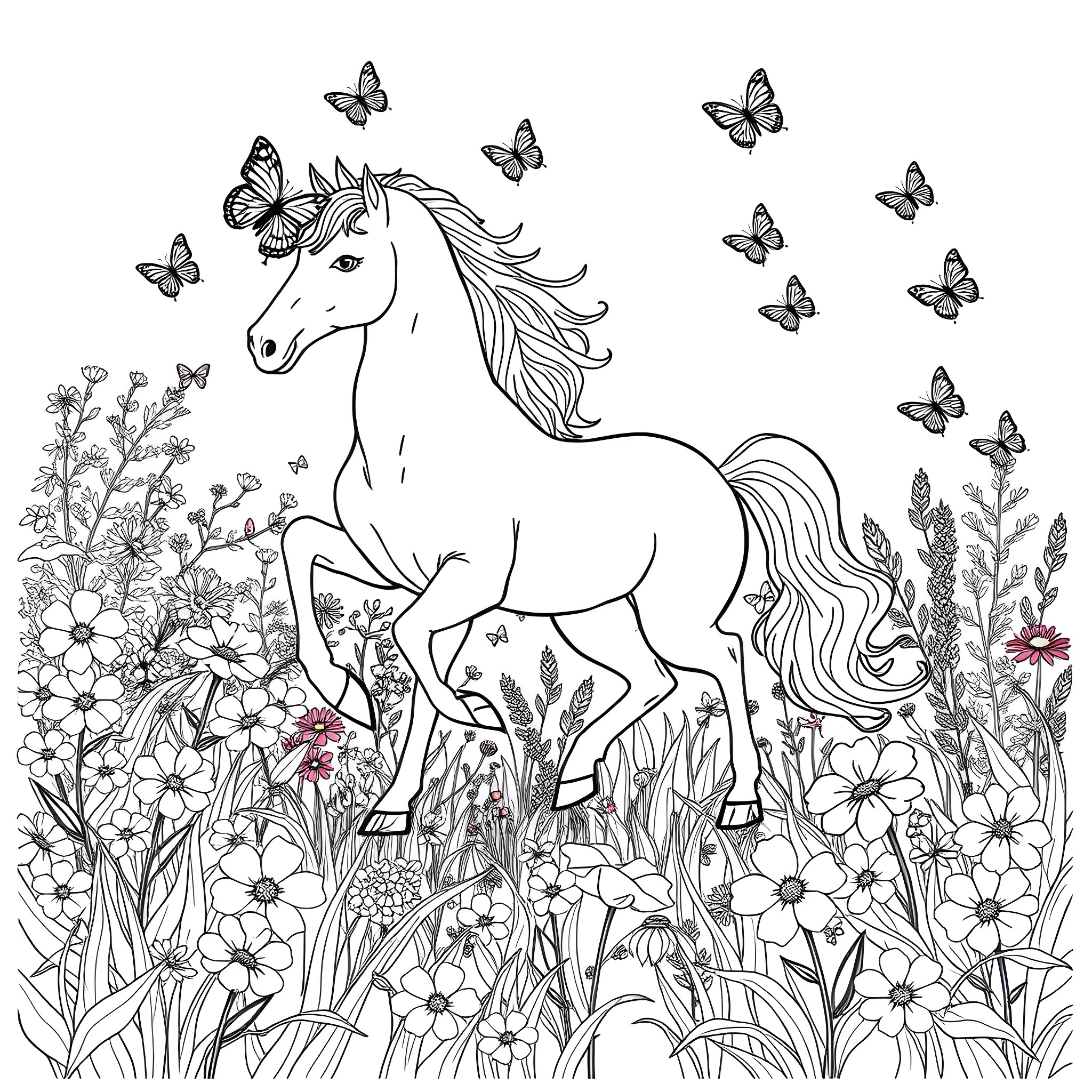 Unicorn galloping through a floral meadow Coloring Page (free black-and-white line drawing printable PDF for all, from beginners to advanced learners, including children, teens, adults, and seniors)