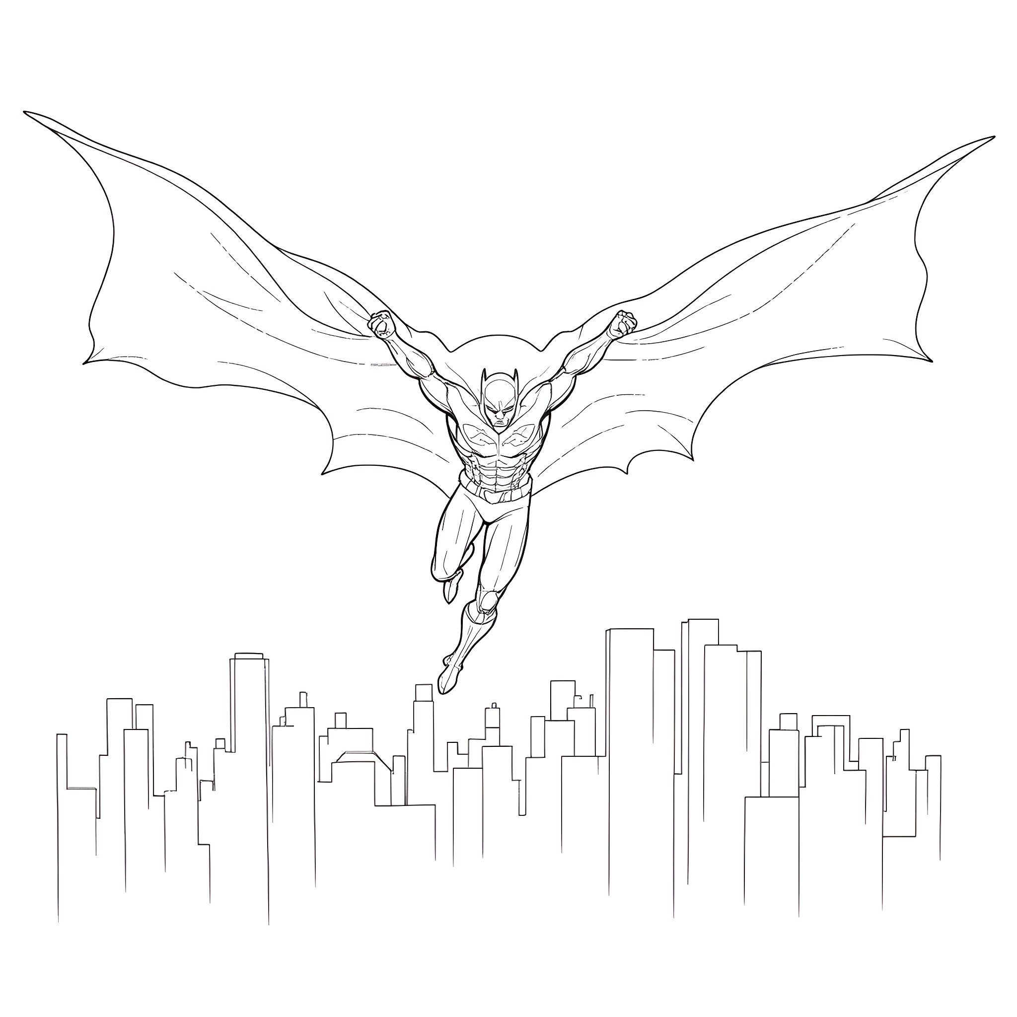 Batman Beyond soaring over the city skyline Coloring Page (free black-and-white line drawing printable PDF for all, from beginners to advanced learners, including children, teens, adults, and seniors)