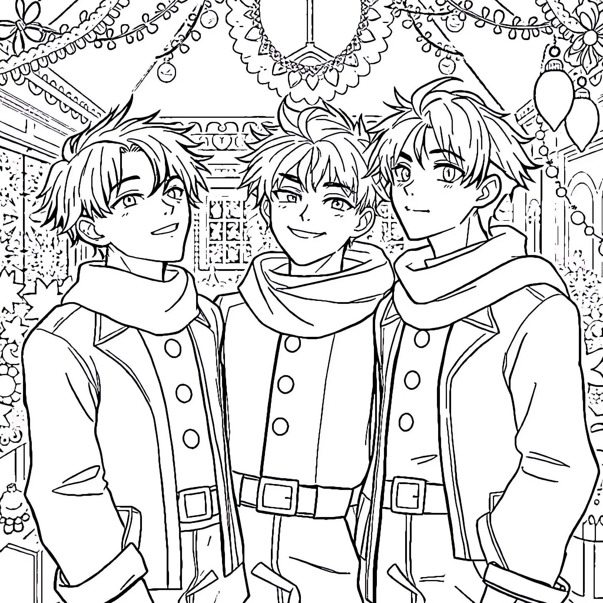 Saja Boys Enjoy Holiday Decorations Coloring Page (free black-and-white line drawing printable PDF for all, from beginners to advanced learners, including children, teens, adults, and seniors)