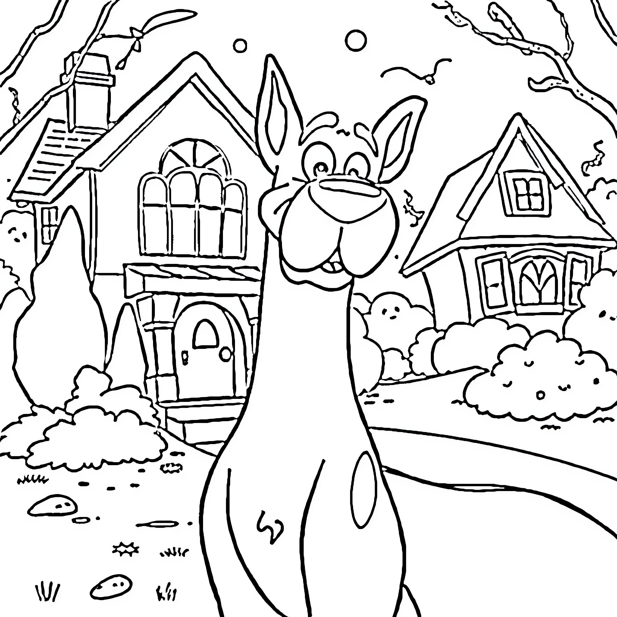 Scooby Doo's Spooky Adventure in the Haunted Village Coloring Page (free black-and-white line drawing printable PDF for all, from beginners to advanced learners, including children, teens, adults, and seniors)