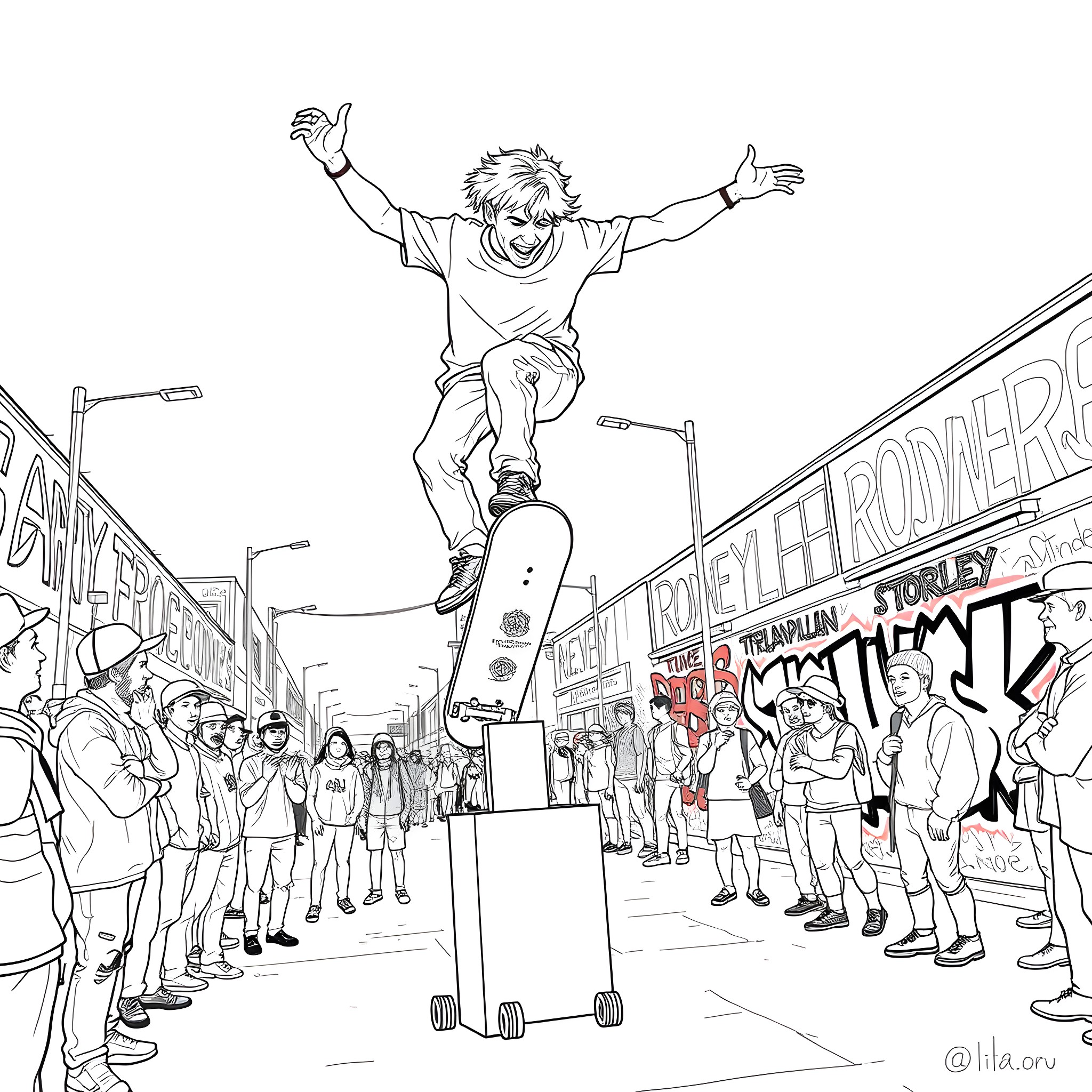 Rodney Mullen performing skateboarding tricks in an urban setting Coloring Page (free black-and-white line drawing printable PDF for all, from beginners to advanced learners, including children, teens, adults, and seniors)