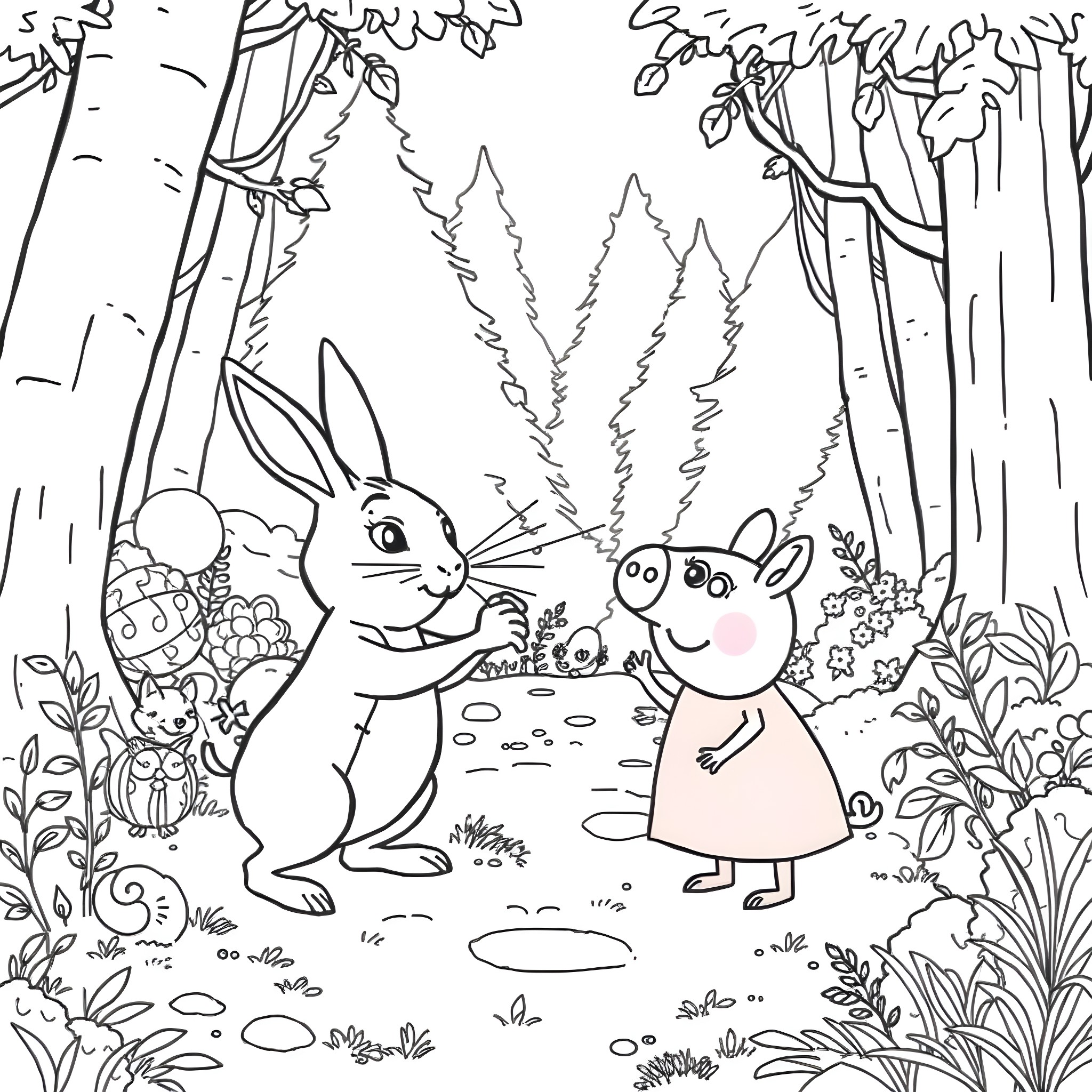 Peter Rabbit exploring the forest with friends Coloring Page (free black-and-white line drawing printable PDF for all, from beginners to advanced learners, including children, teens, adults, and seniors)