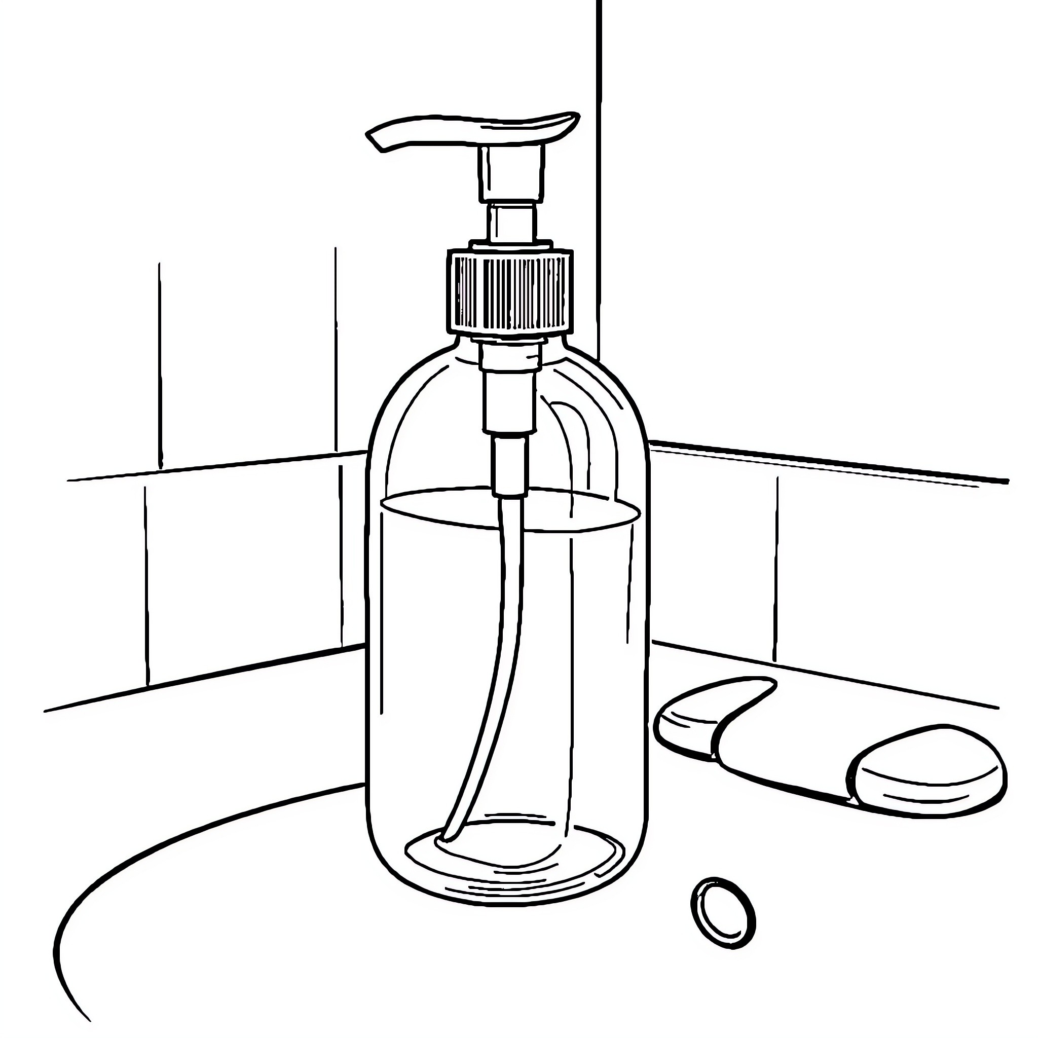 Soap Bottle on Bathroom Counter with Accessories Coloring Page (free black-and-white line drawing printable PDF for all, from beginners to advanced learners, including children, teens, adults, and seniors)