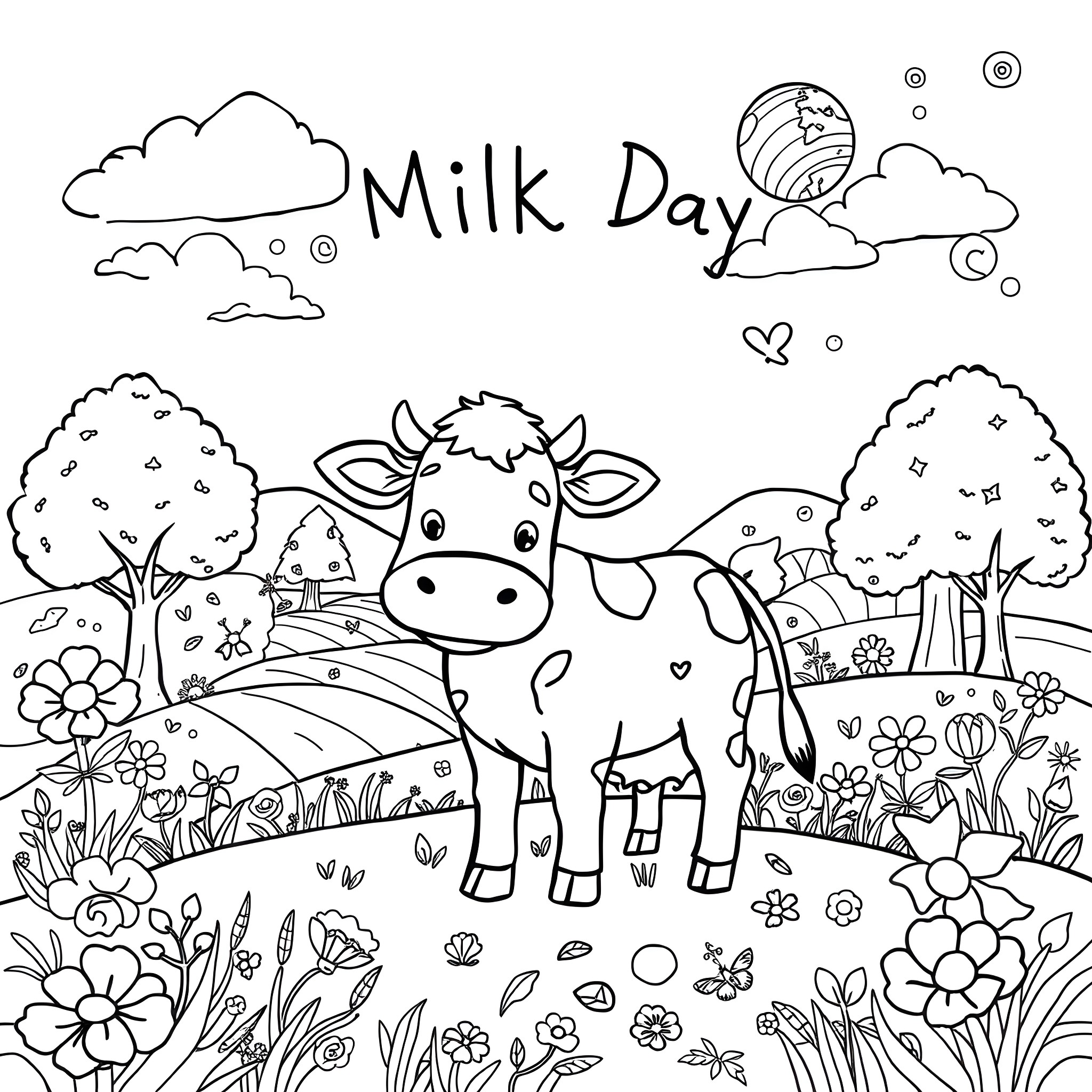 Planet with Cows Grazing on Meadow Coloring Page (free black-and-white line drawing printable PDF for all, from beginners to advanced learners, including children, teens, adults, and seniors)