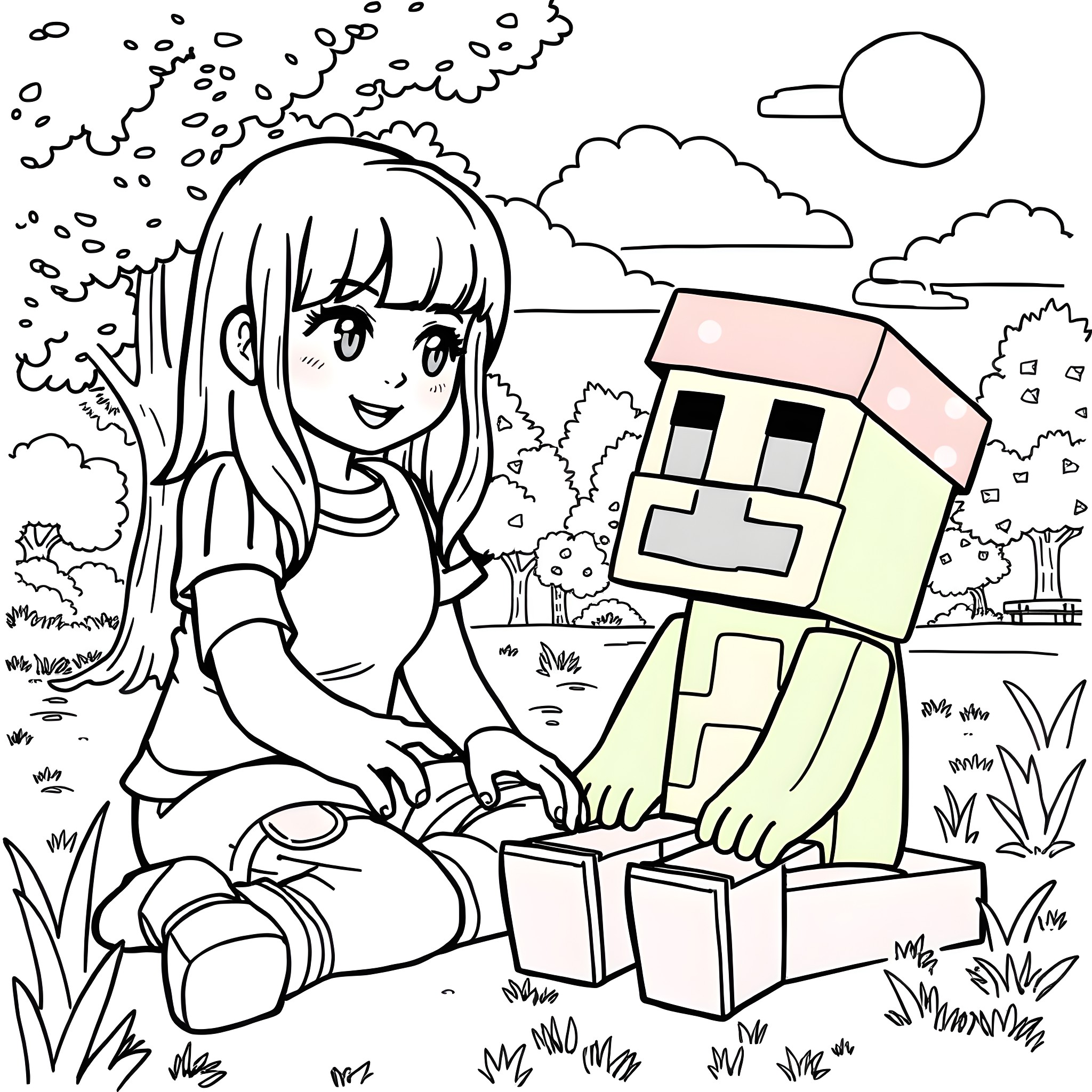 Melanie Martinez posing with a fantasy creature in a natural setting Coloring Page (free black-and-white line drawing printable PDF for all, from beginners to advanced learners, including children, teens, adults, and seniors)