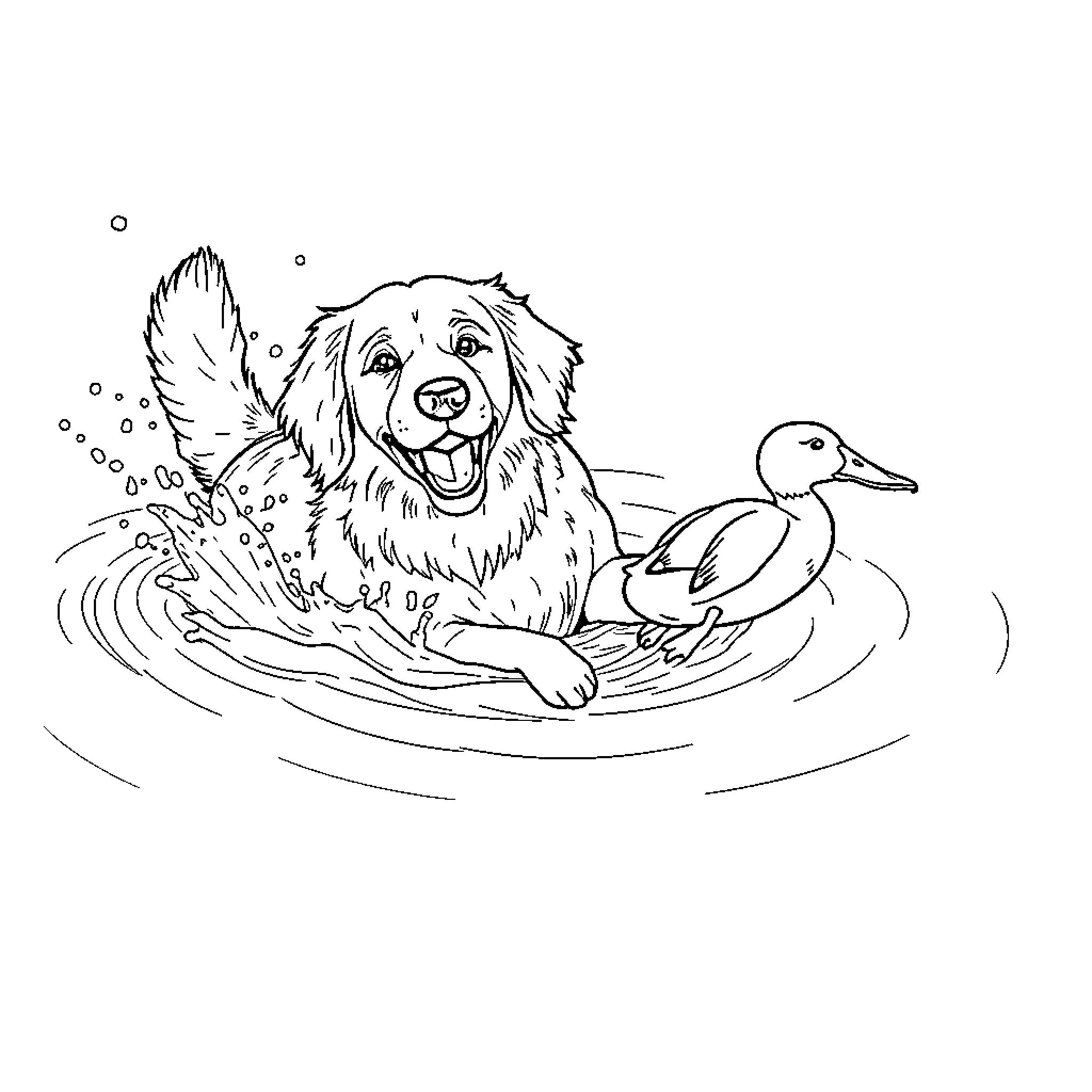 Retriever playing joyfully with duck in water Coloring Page (free black-and-white line drawing printable PDF for all, from beginners to advanced learners, including children, teens, adults, and seniors)