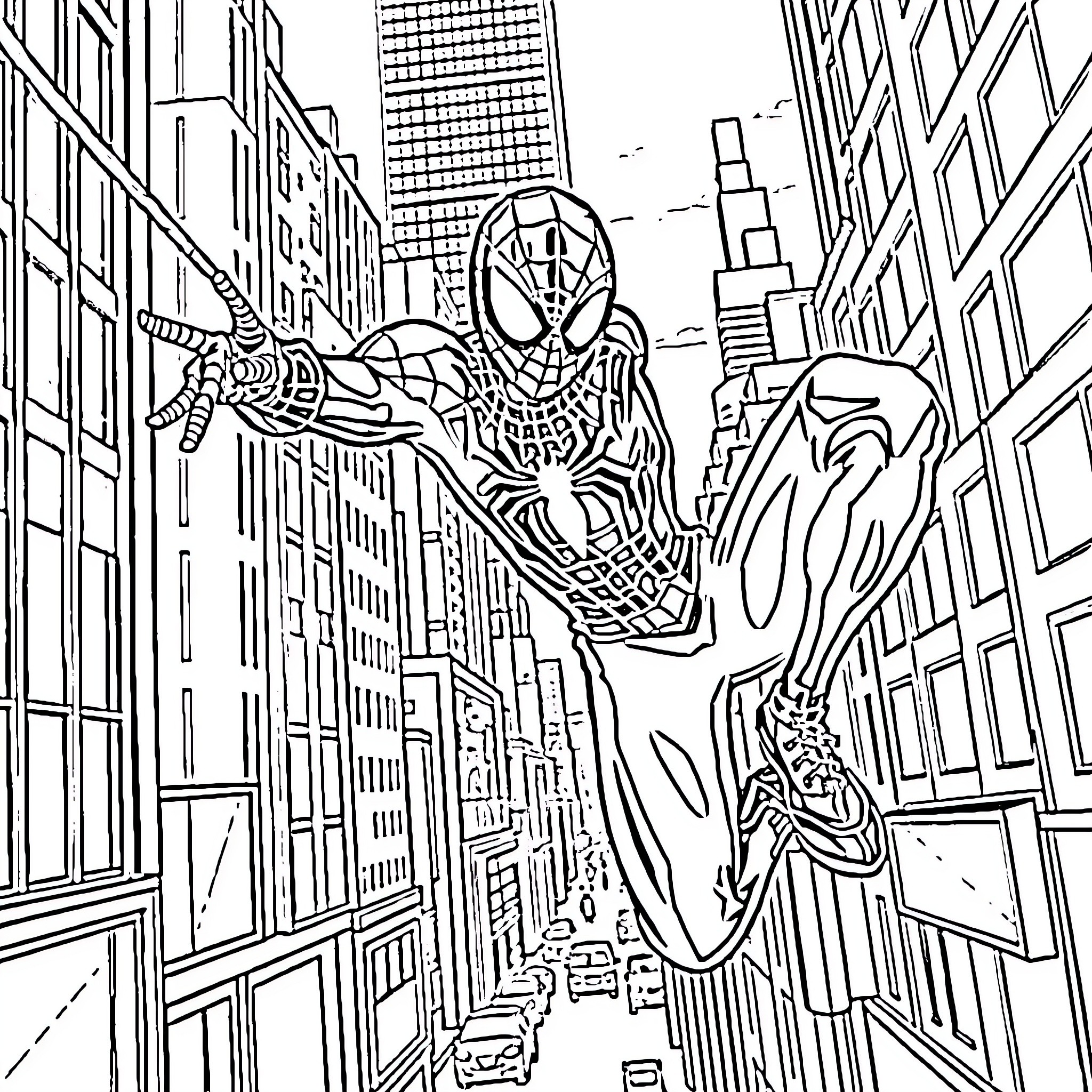 Spider-Man swinging through the city skyline Coloring Page (free black-and-white line drawing printable PDF for all, from beginners to advanced learners, including children, teens, adults, and seniors)