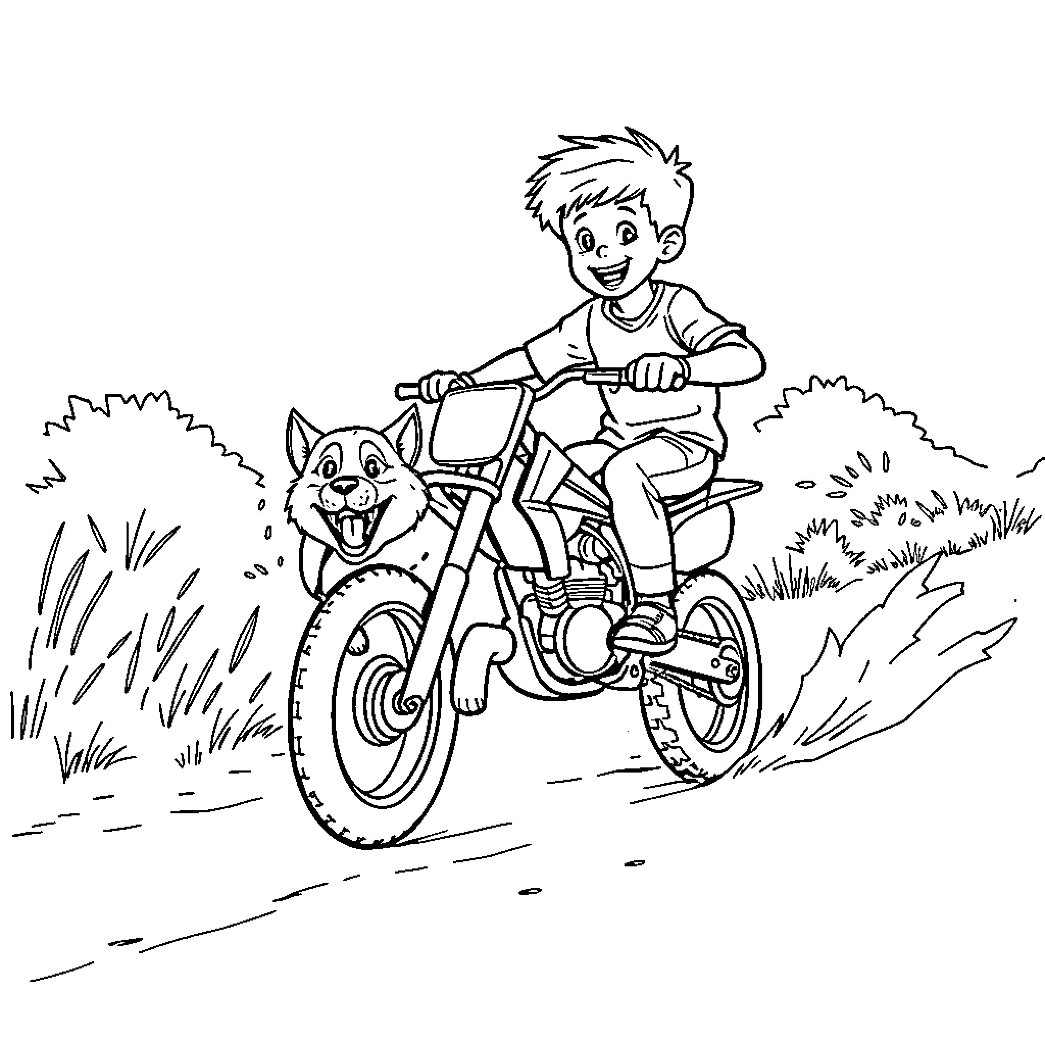 Boy riding bicycle with cheerful dog Coloring Page (free black-and-white line drawing printable PDF for all, from beginners to advanced learners, including children, teens, adults, and seniors)