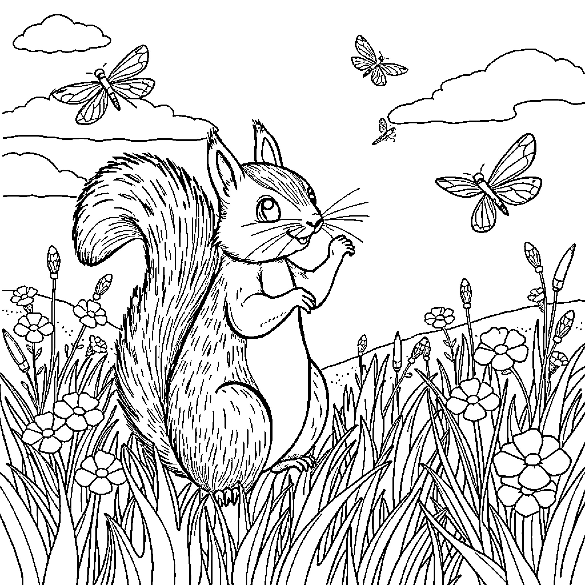 Squirrel in a floral meadow with butterflies Coloring Page (free black-and-white line drawing printable PDF for all, from beginners to advanced learners, including children, teens, adults, and seniors)