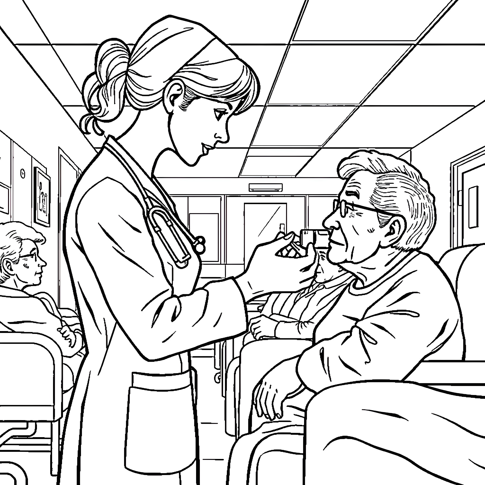 Nurse attending to patient in medical setting Coloring Page (free black-and-white line drawing printable PDF for all, from beginners to advanced learners, including children, teens, adults, and seniors)