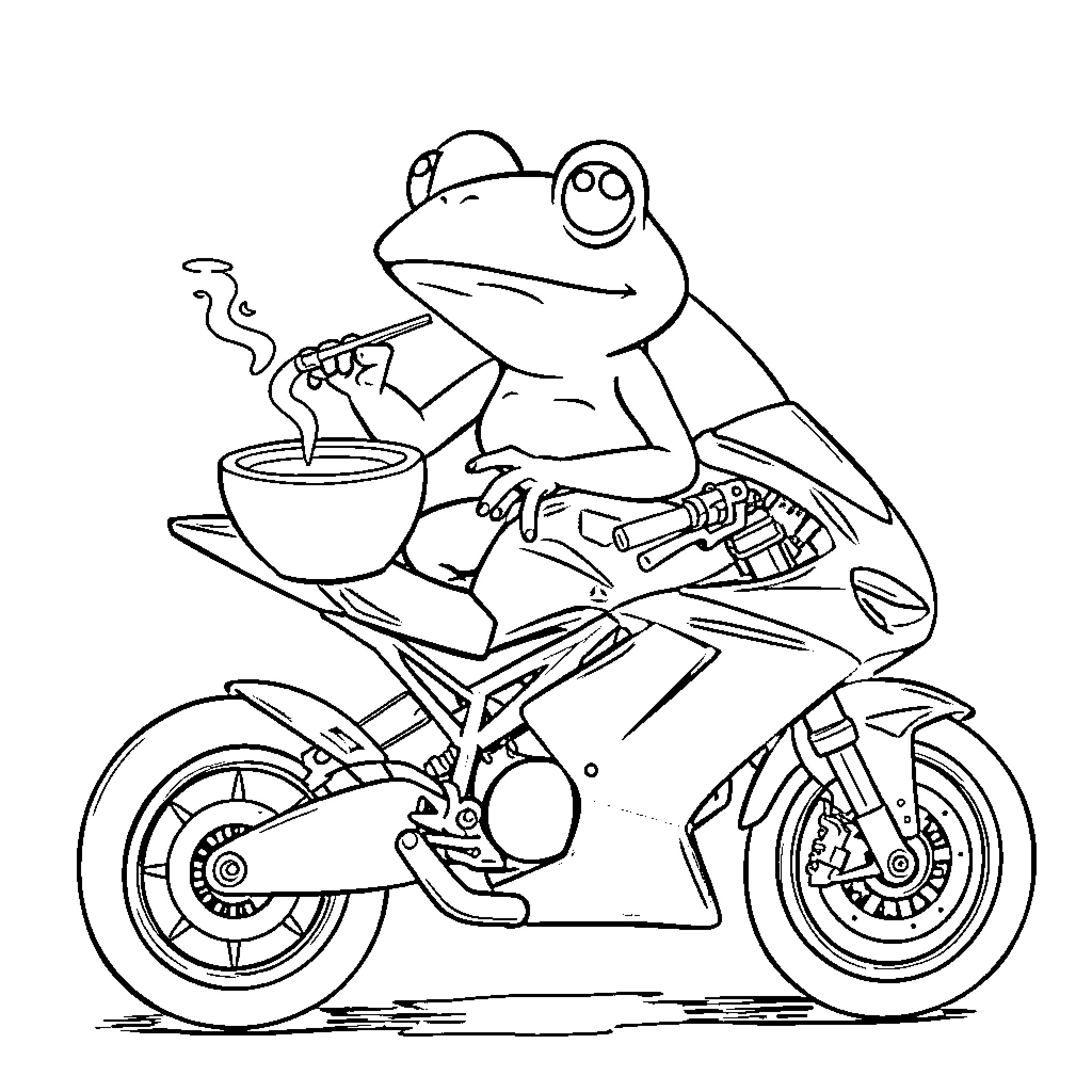 Frog riding a speedy motorcycle Coloring Page (free black-and-white line drawing printable PDF for all, from beginners to advanced learners, including children, teens, adults, and seniors)