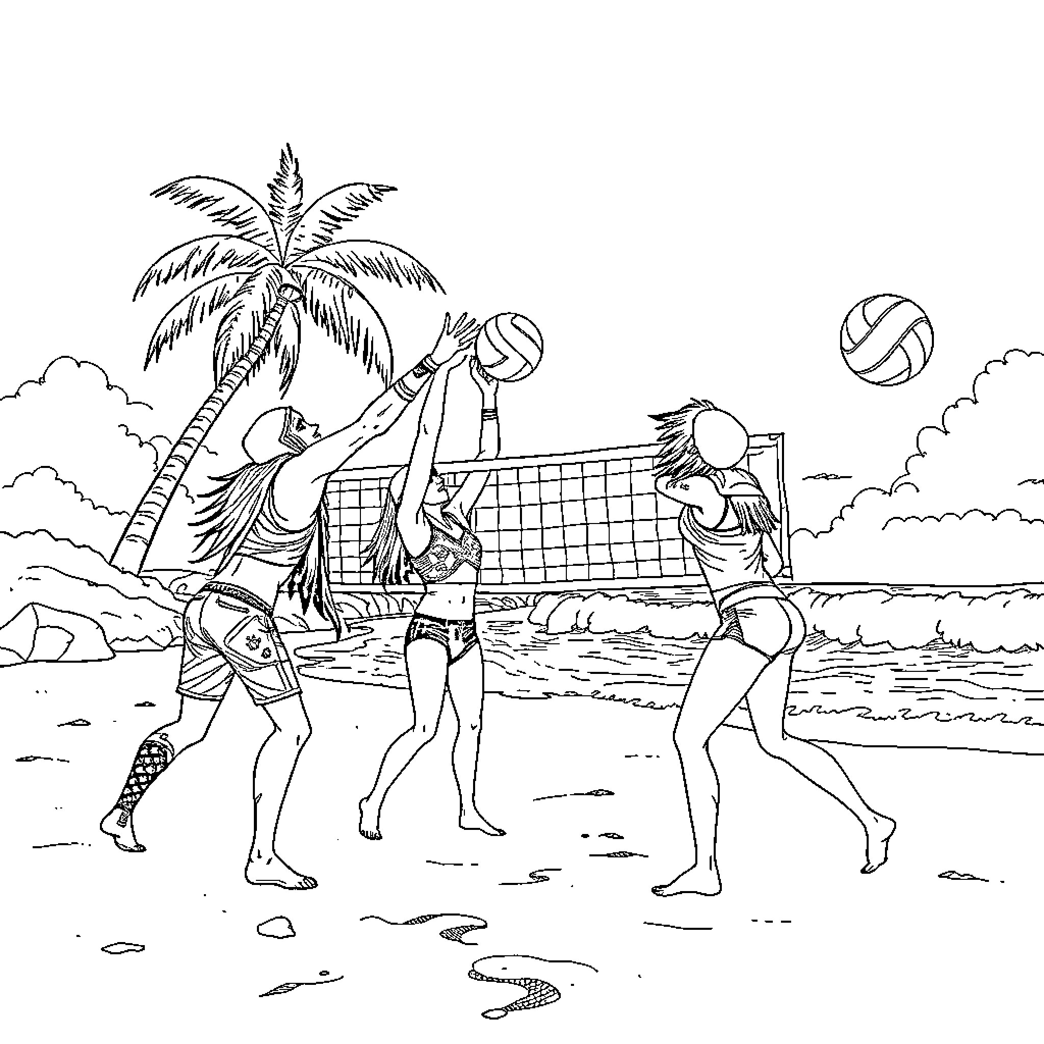Babymetal playing beach volleyball by the palm tree Coloring Page (free black-and-white line drawing printable PDF for all, from beginners to advanced learners, including children, teens, adults, and seniors)