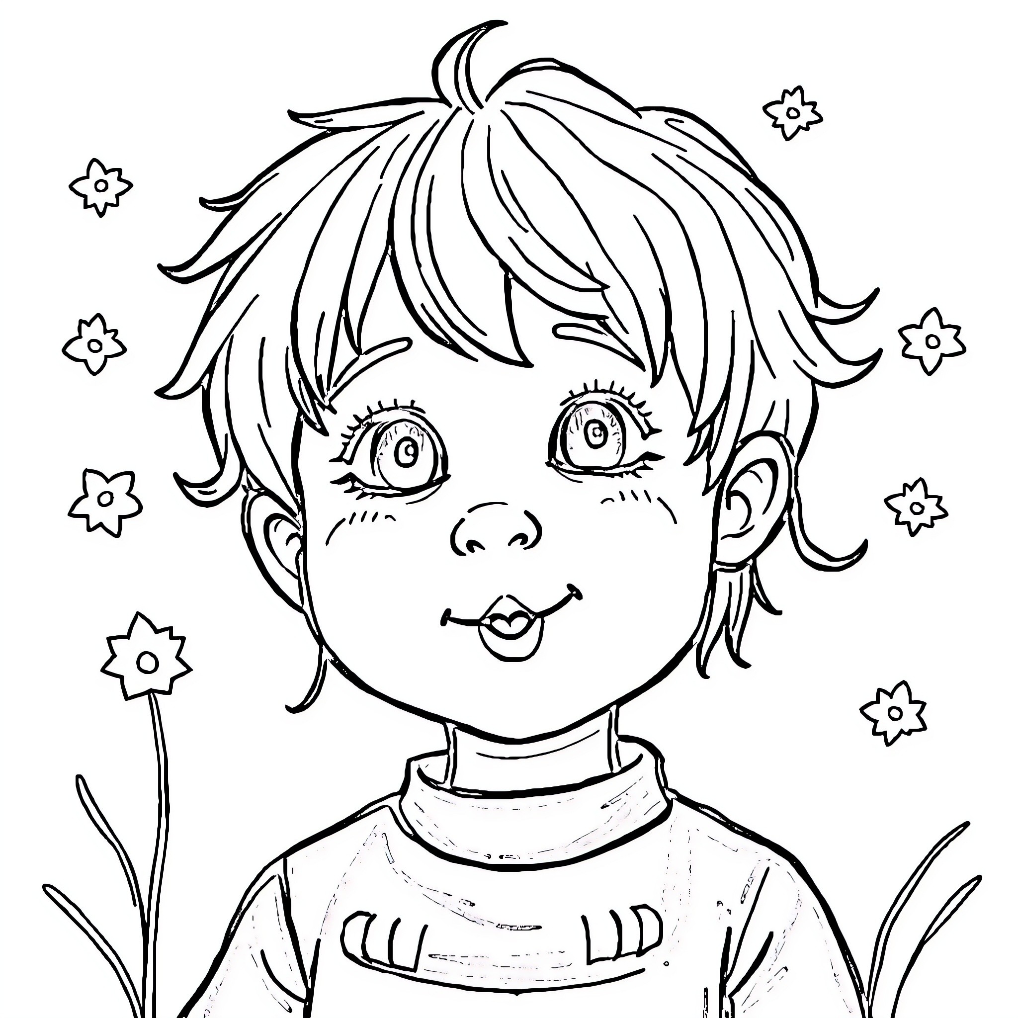 Child smiling happily with flowers Coloring Page (free black-and-white line drawing printable PDF for all, from beginners to advanced learners, including children, teens, adults, and seniors)