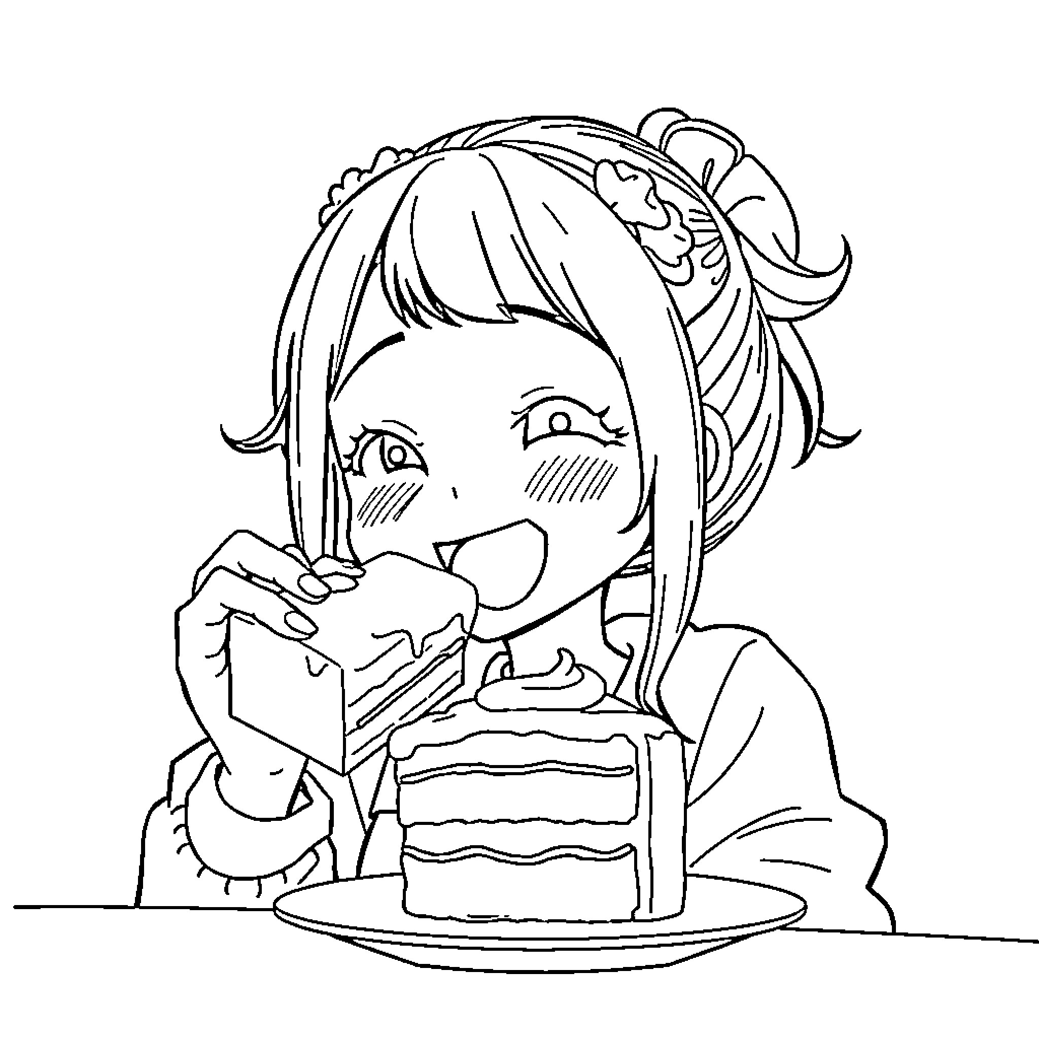 Nezuko enjoying a delicious cake Coloring Page (free black-and-white line drawing printable PDF for all, from beginners to advanced learners, including children, teens, adults, and seniors)
