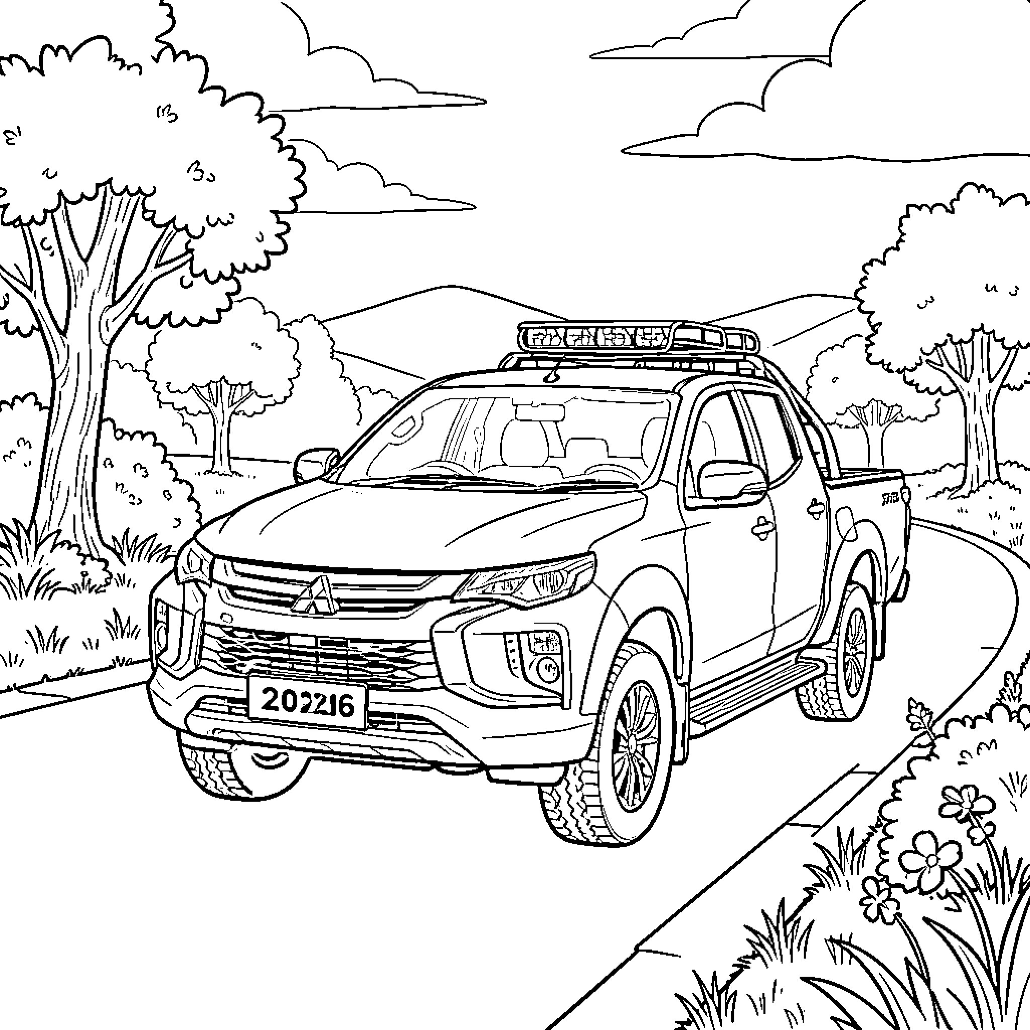 Mitsubishi Triton driving through a scenic landscape Coloring Page (free black-and-white line drawing printable PDF for all, from beginners to advanced learners, including children, teens, adults, and seniors)