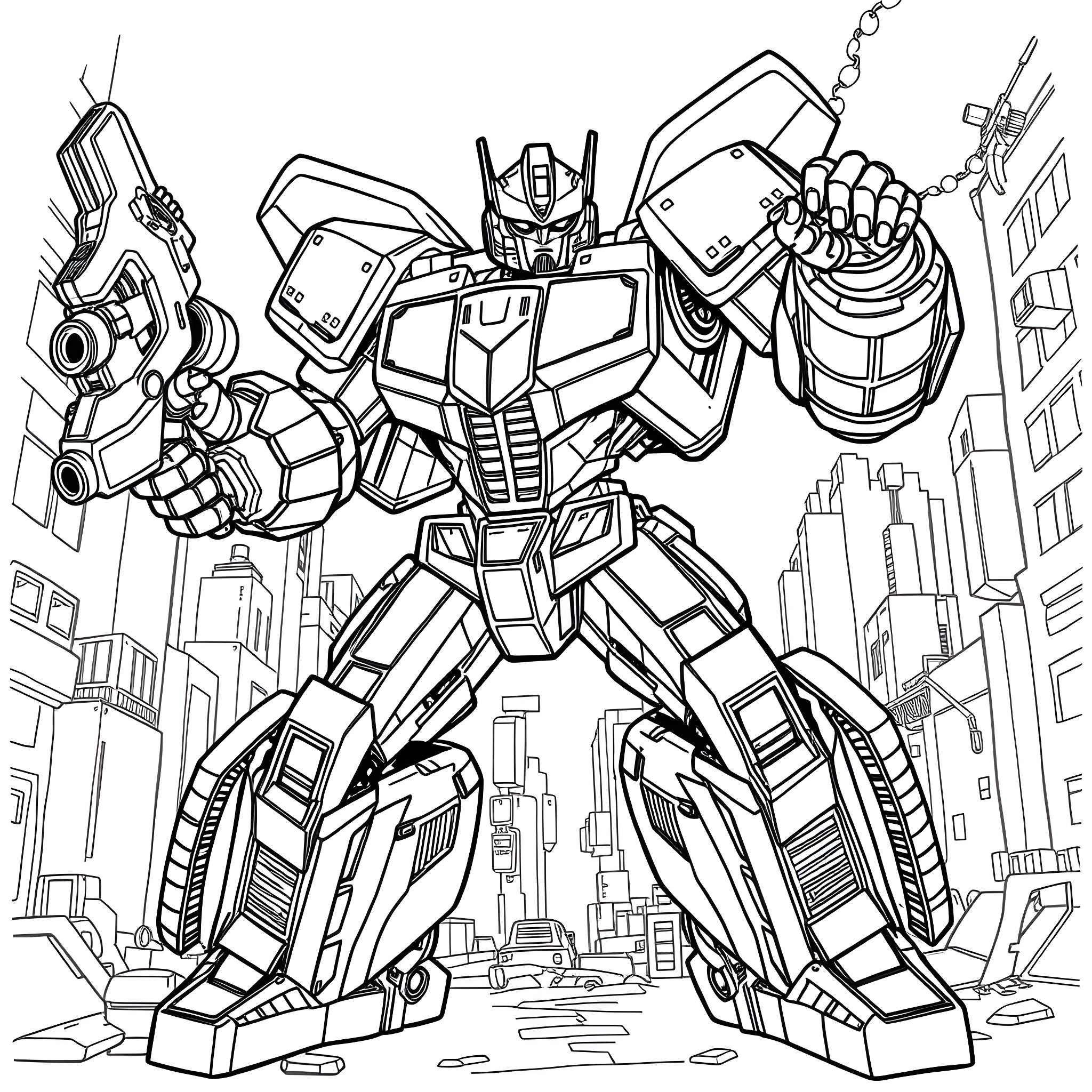 Bumblebee transforming in the city Coloring Page (free black-and-white line drawing printable PDF for all, from beginners to advanced learners, including children, teens, adults, and seniors)